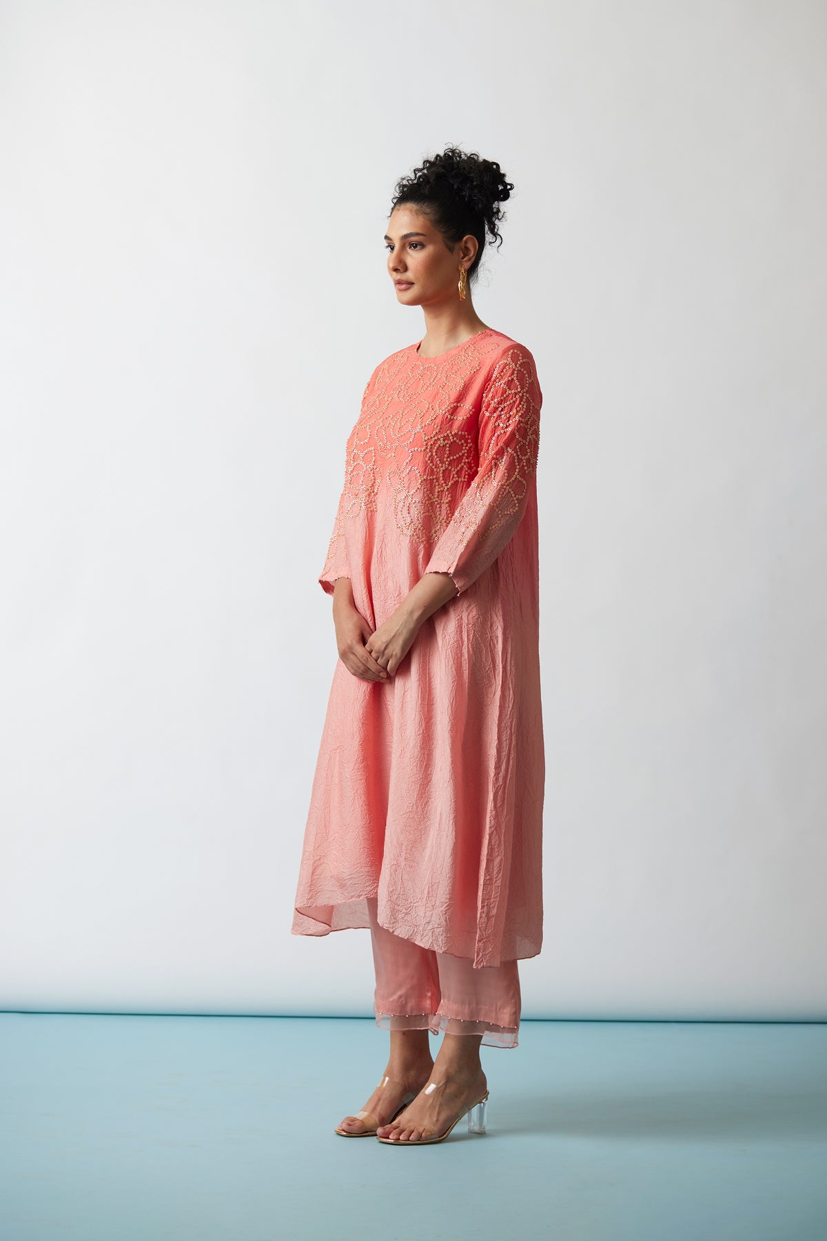 Coral ombre Crushed silk kurta set