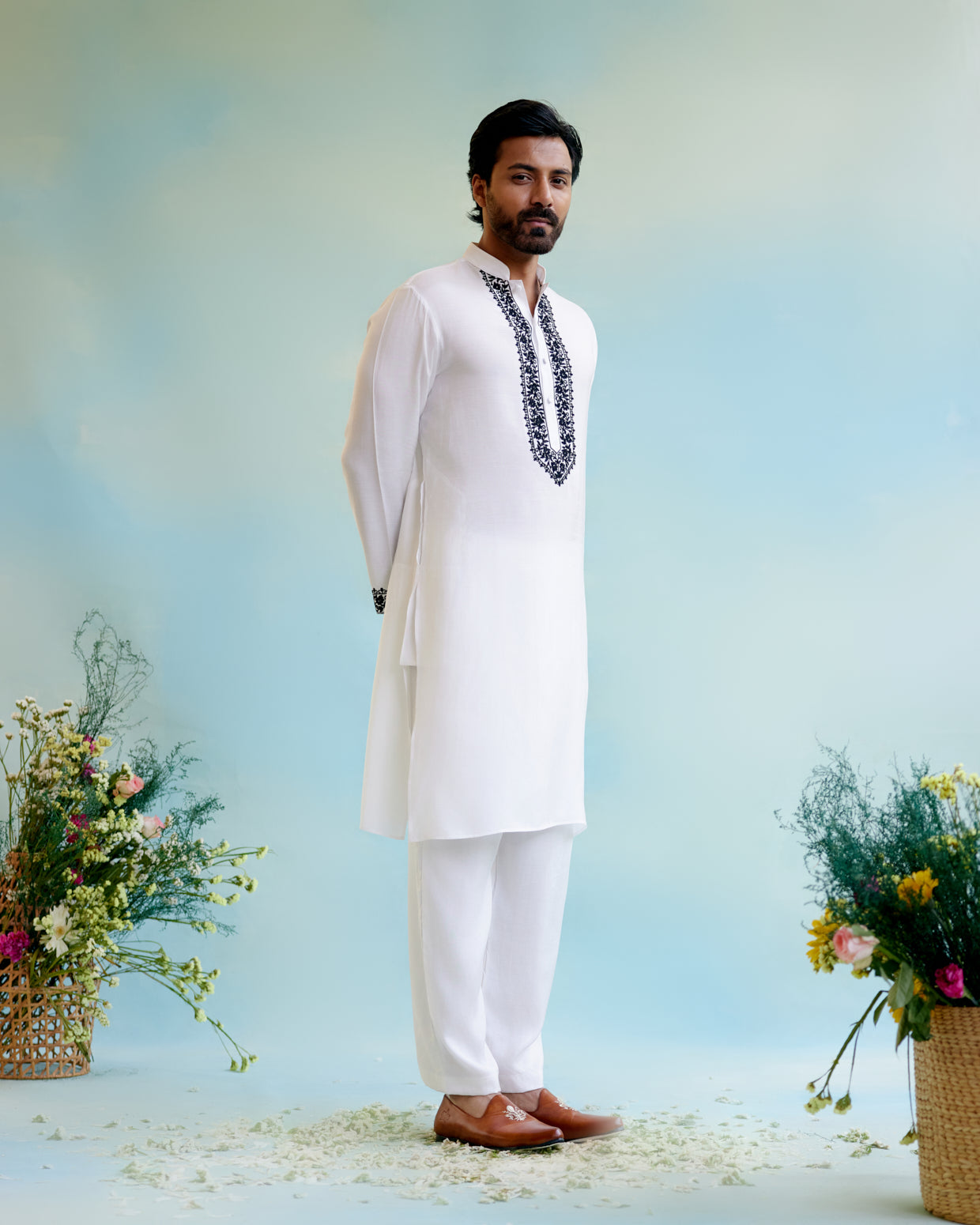 White Muslin Embroidered Kurta with Pure Cotton Narrow Pants