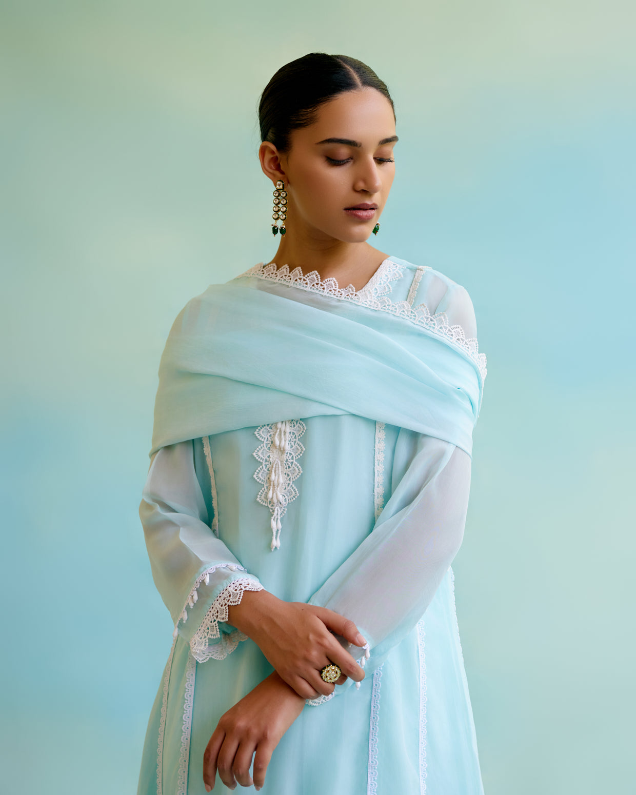 Dreamy Blue Organza Dupatta with lace detailing