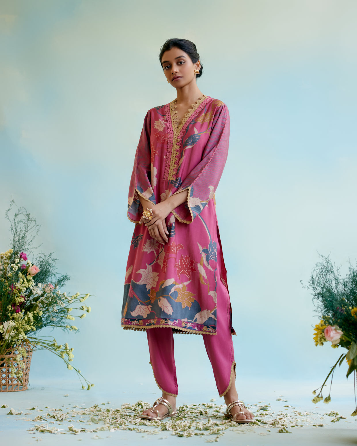 Orchid Pink Printer Kurta with delicate lace detailing with Tulip Pants and Dupatta