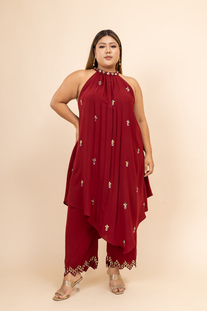 Husna Maroon Halter Neck Co-ord Set