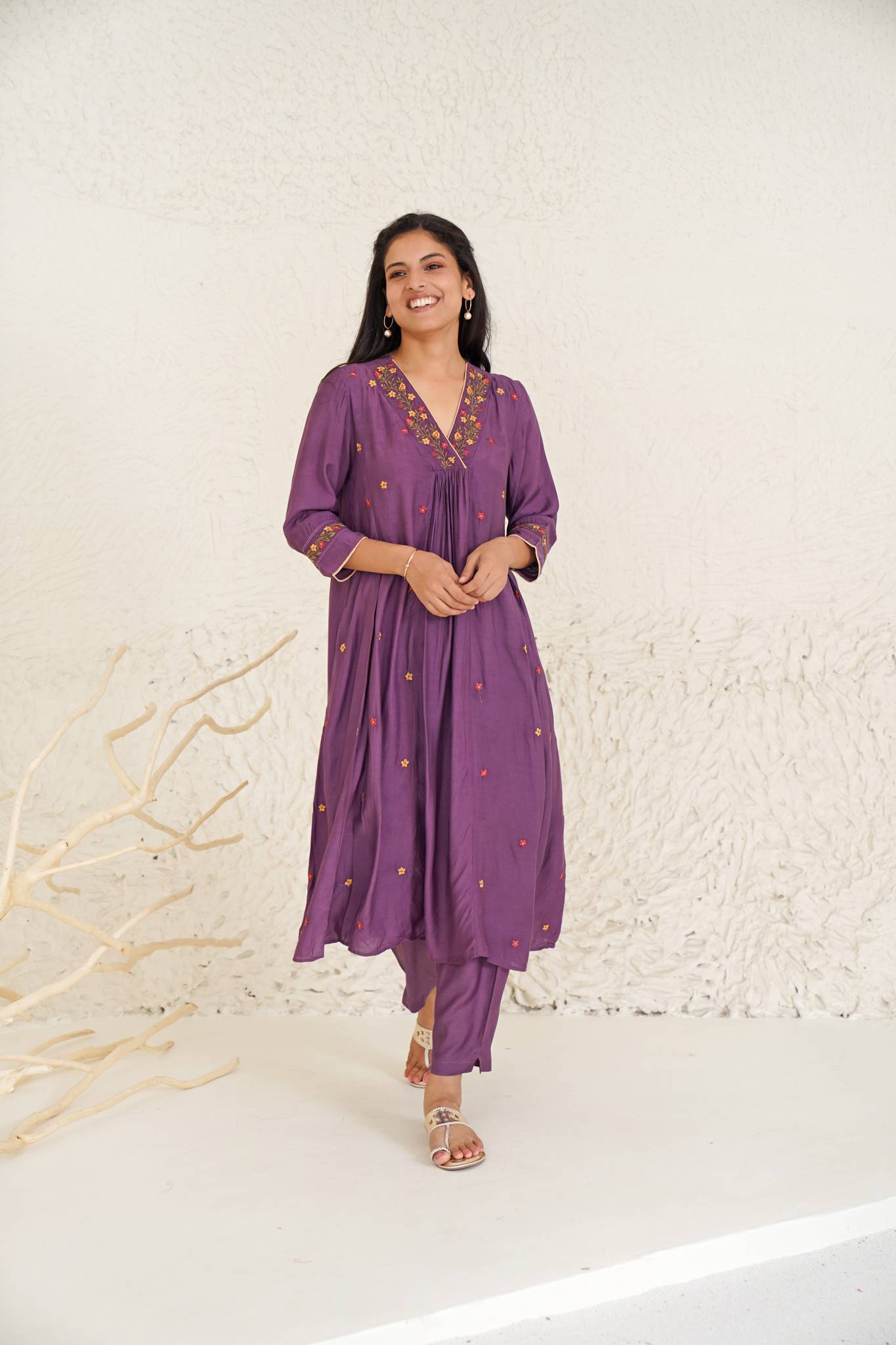 Wine Daisy Kurta with Narrow Pants- Set of 2