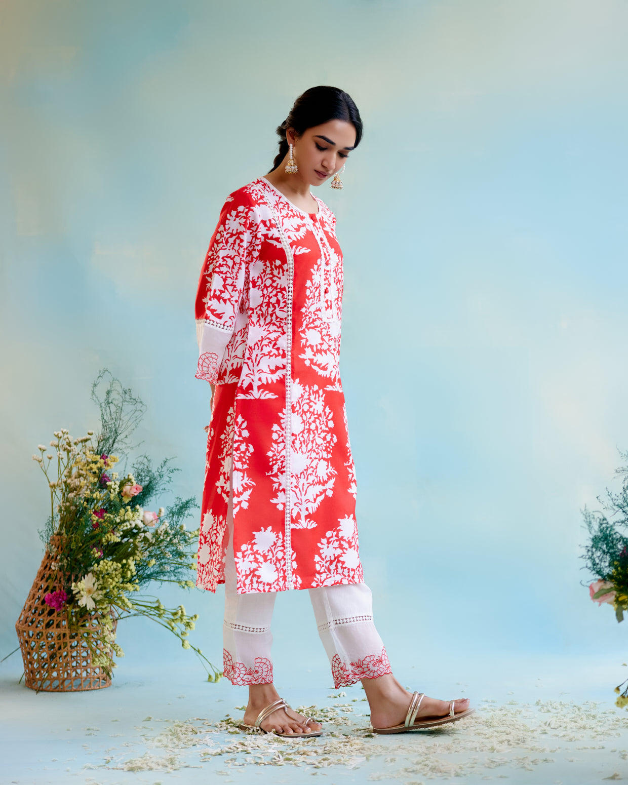 Hibiscus Floral Cotton Linen Kurta with Narrow Pants