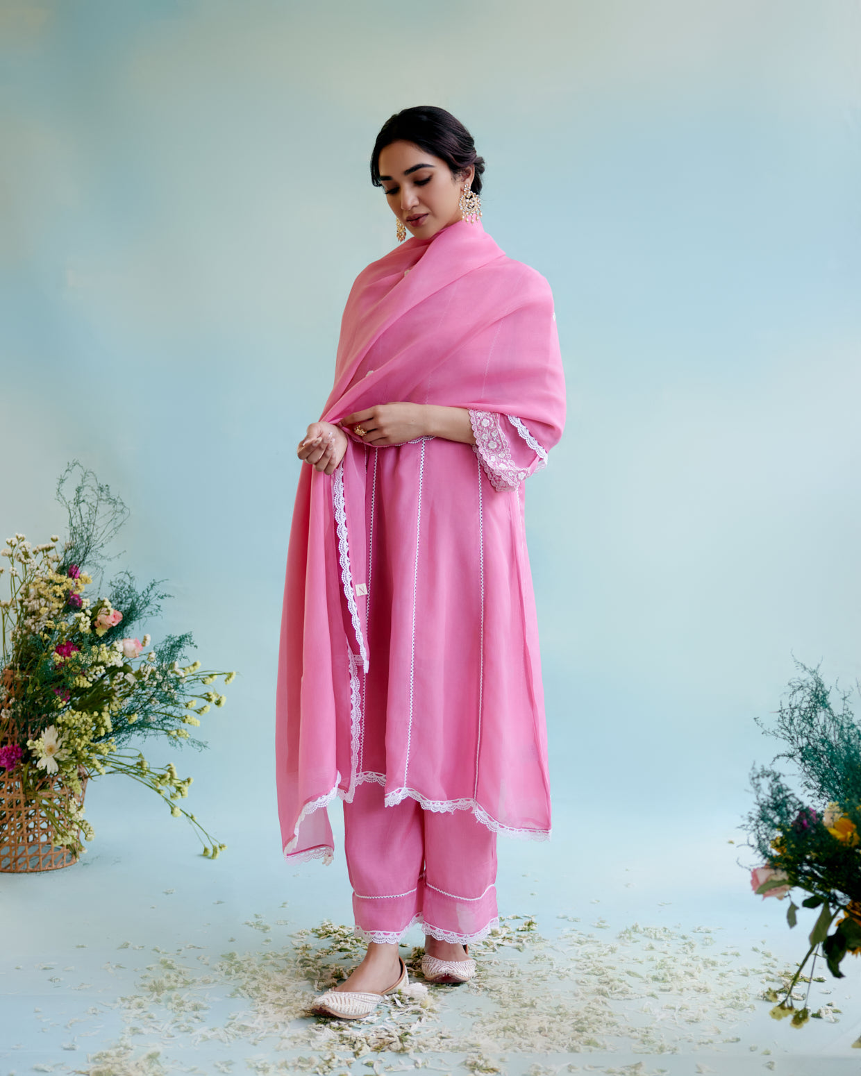 Blush Pink Organza Dupatta with lace detailing