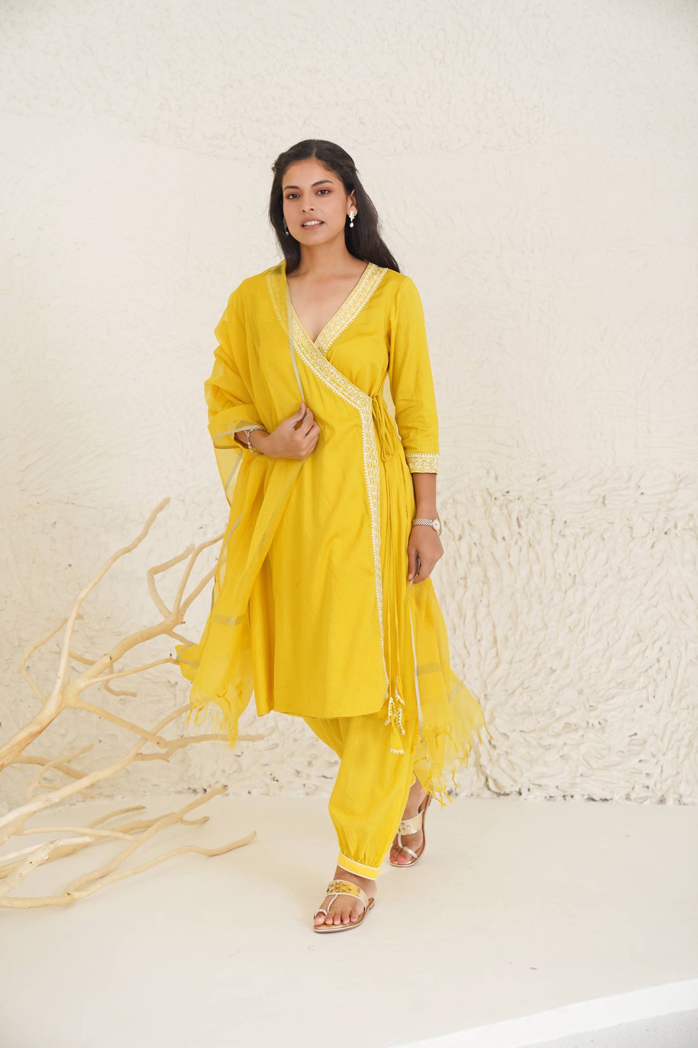 Vibrant Daffodil Kurta with Pegged Pants & Dupatta- Set of 3