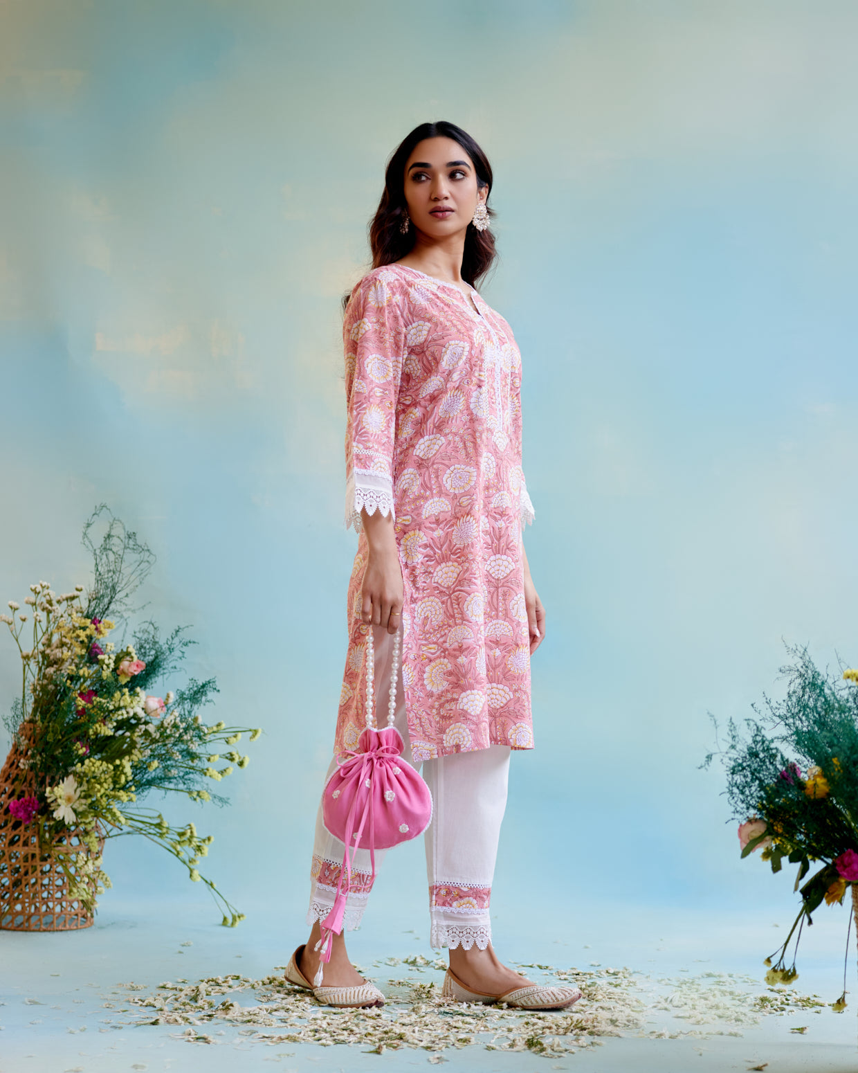 Dusty Rose Cotton Kurta with Narrow Pants