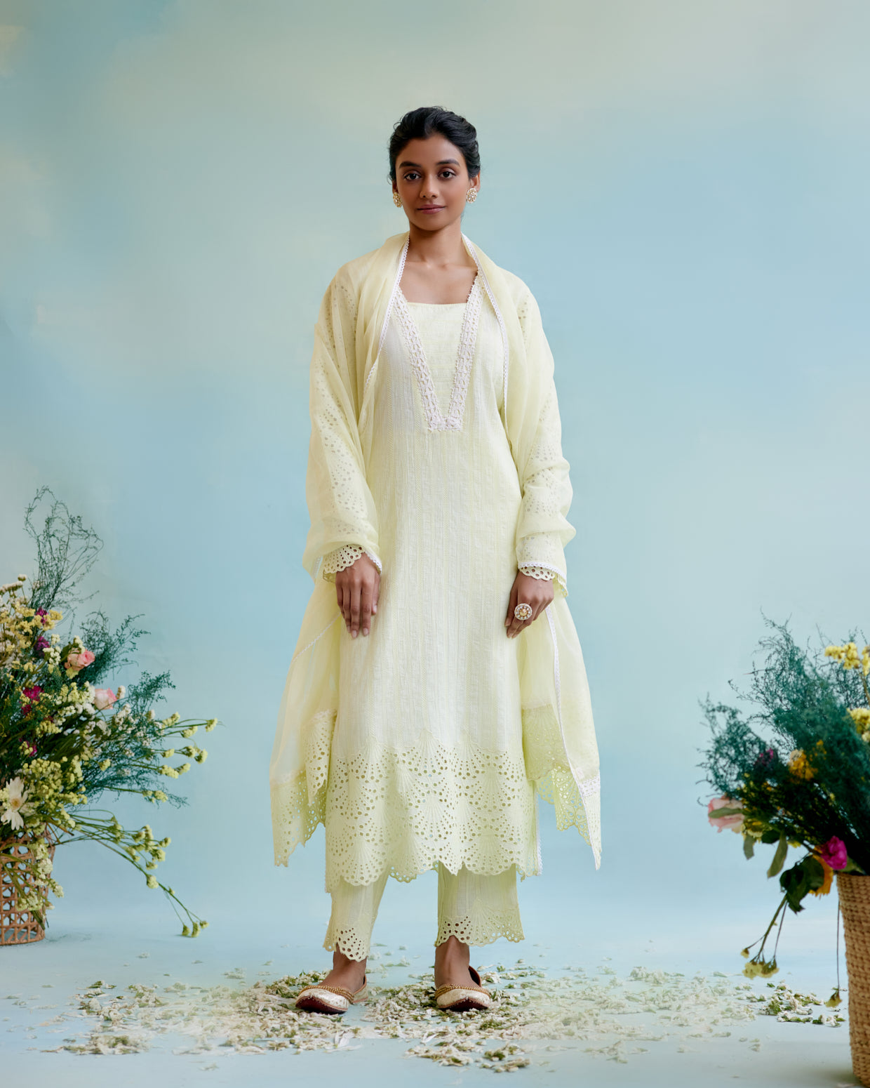 Yellow Pearl Satka Net Scallop Dupatta with lace detailing