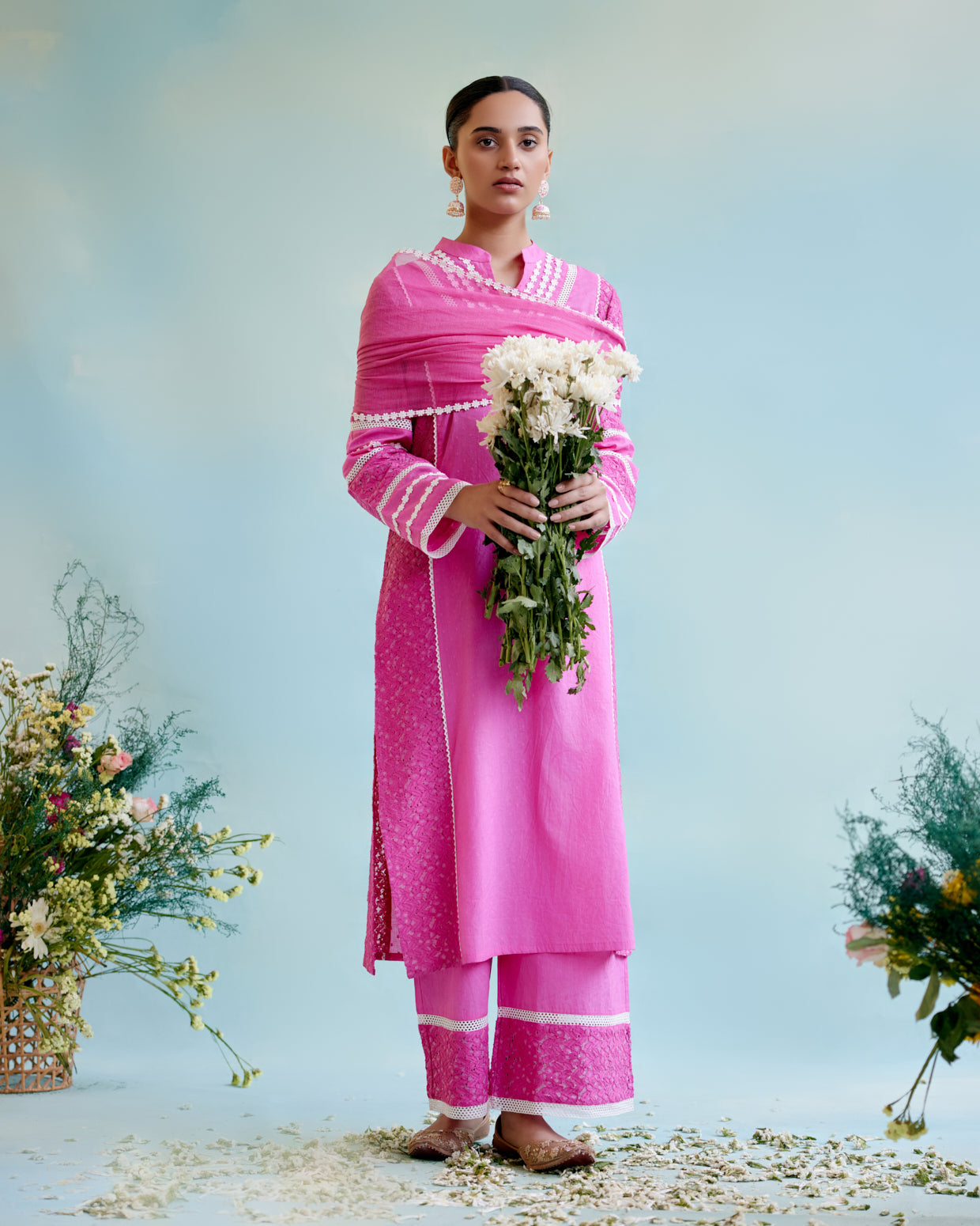 Neon Pink Satka Net Dupatta with lace detailing