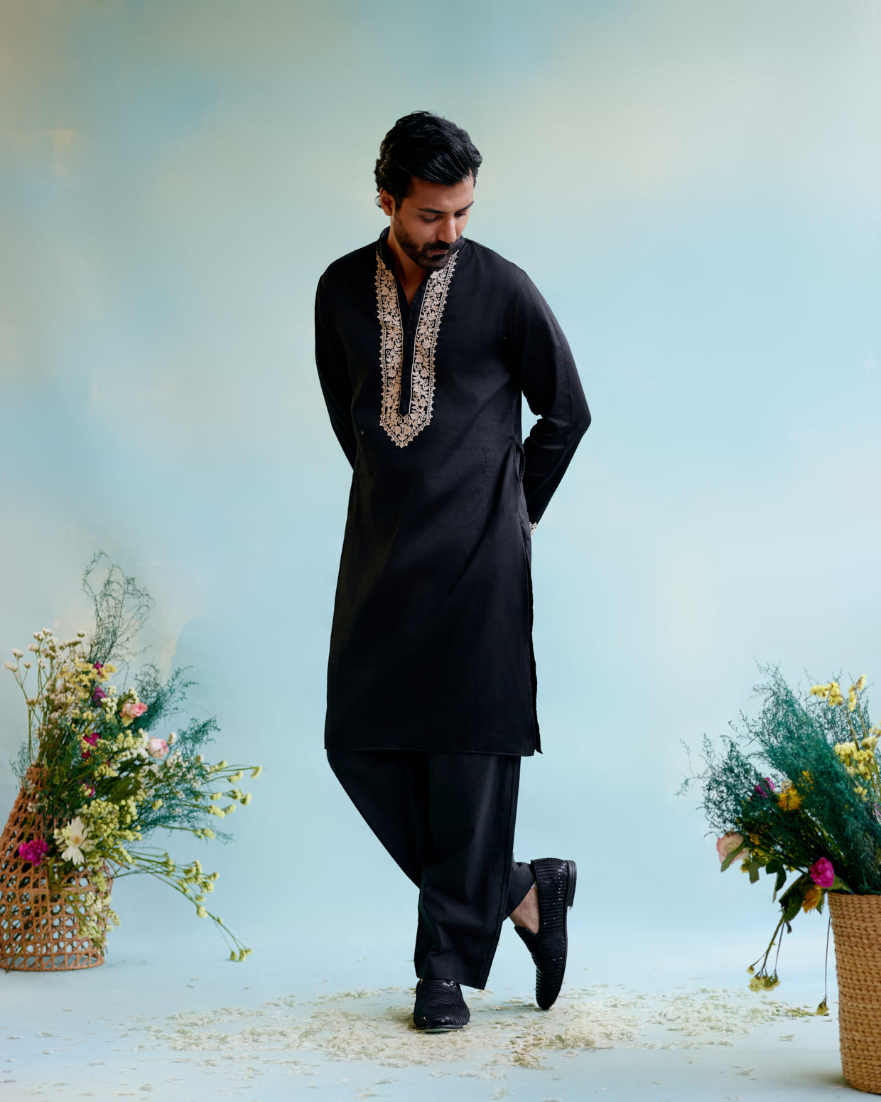 Black Muslin Embroidered Kurta with Pure Cotton Narrow Pants