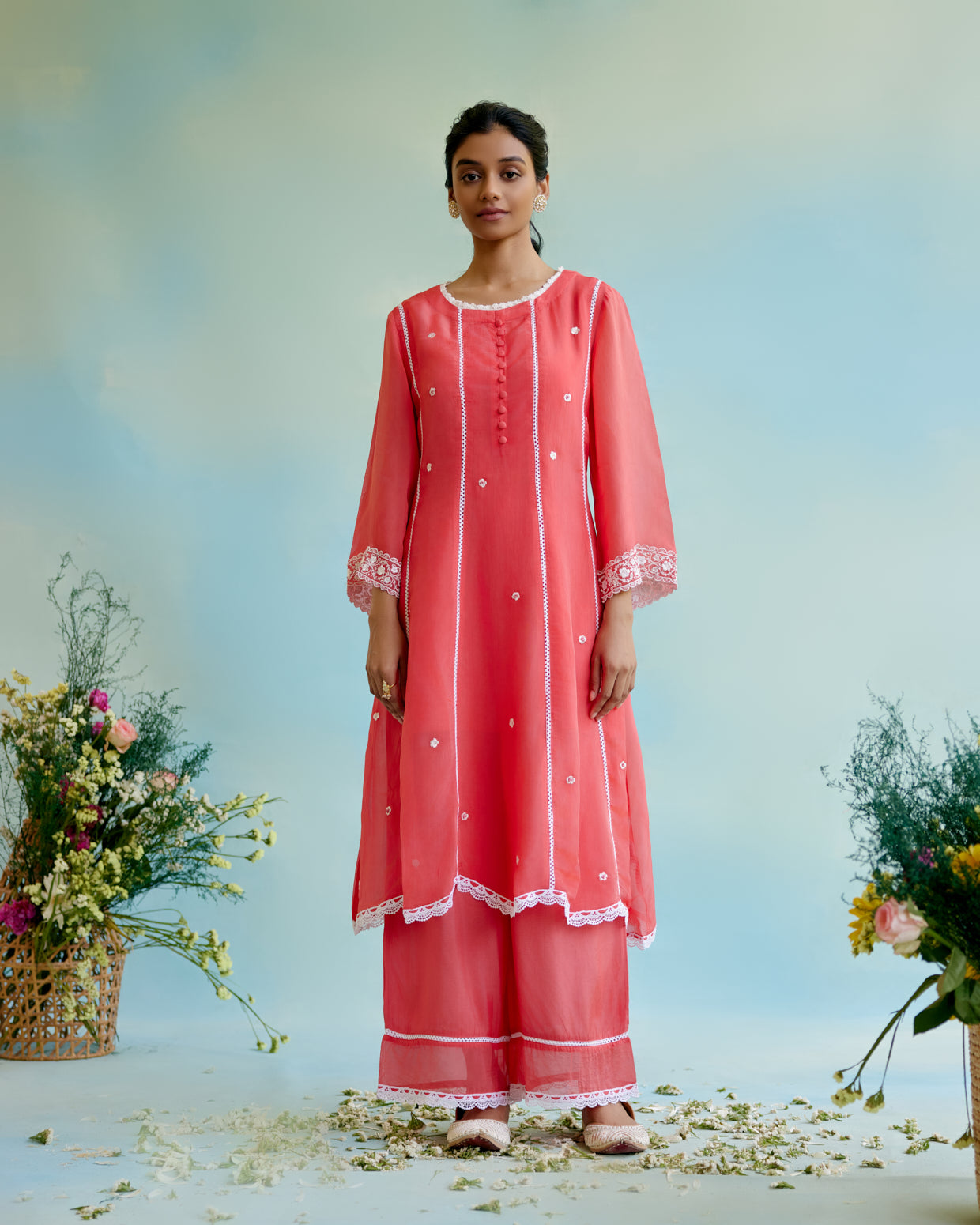 Coral Rose Organza Anarkali Kurta with Lace Detailing and Floral Embroidery