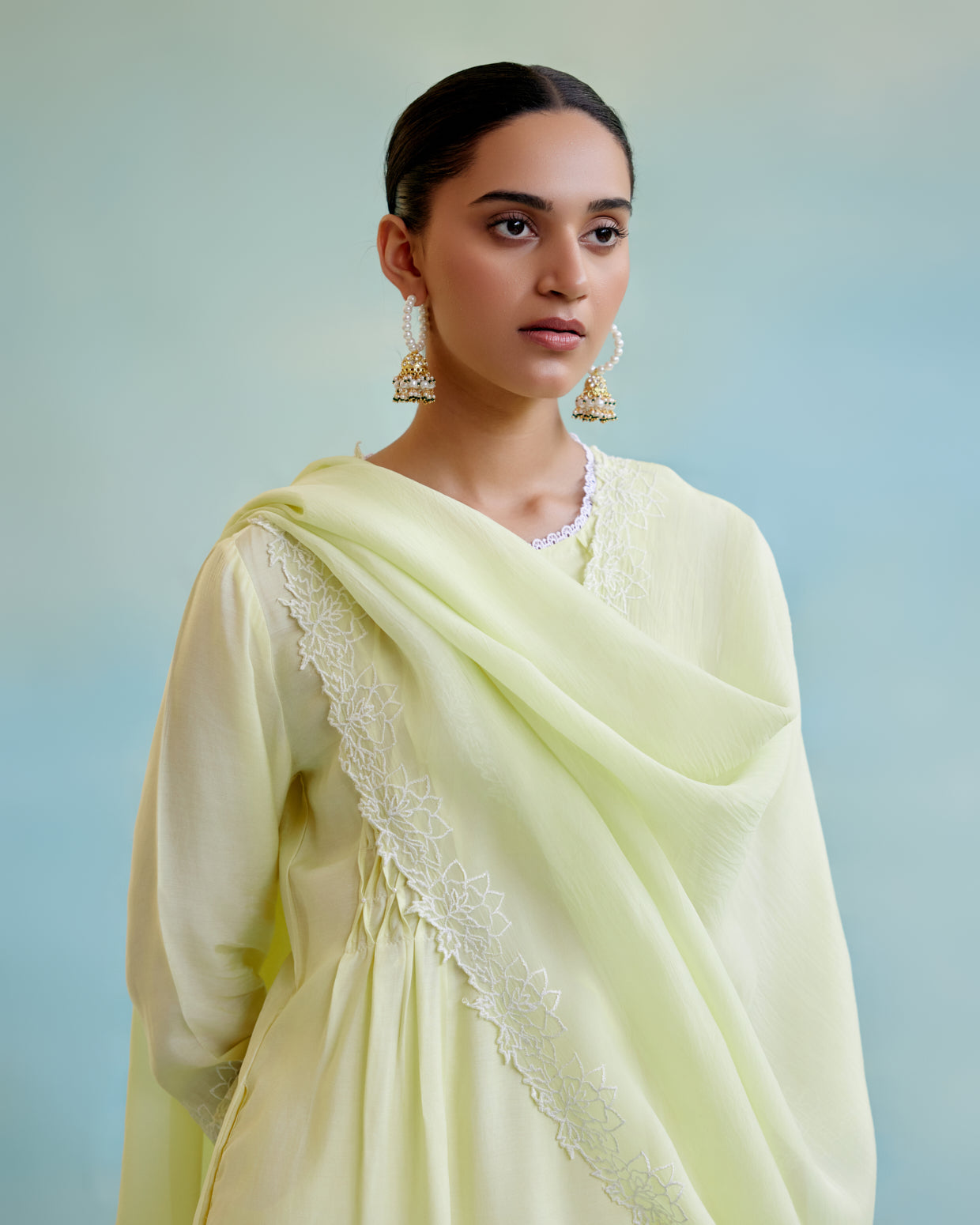 Sunny Lime Pearl Satka Net Dupatta with Floral Scallop