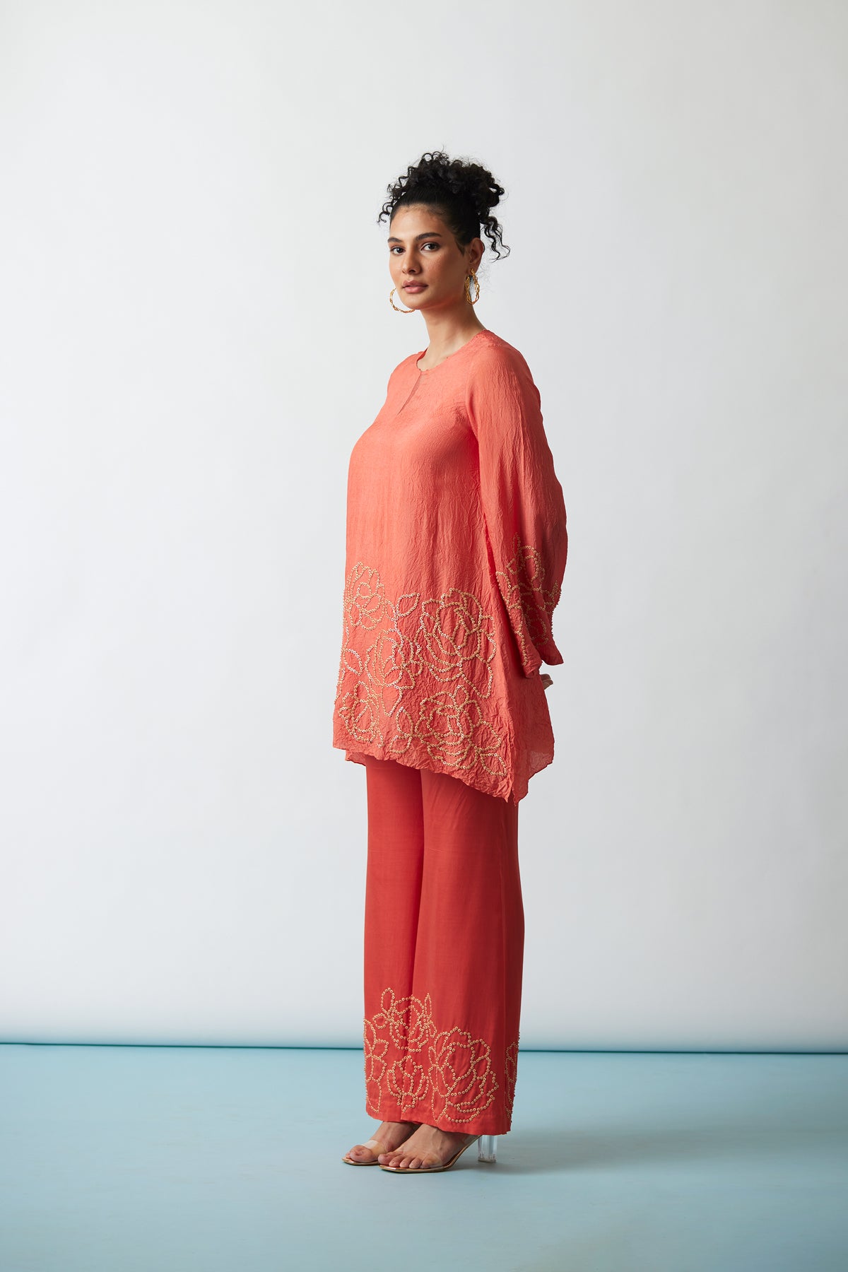 Coral Crushed silk Tunic set