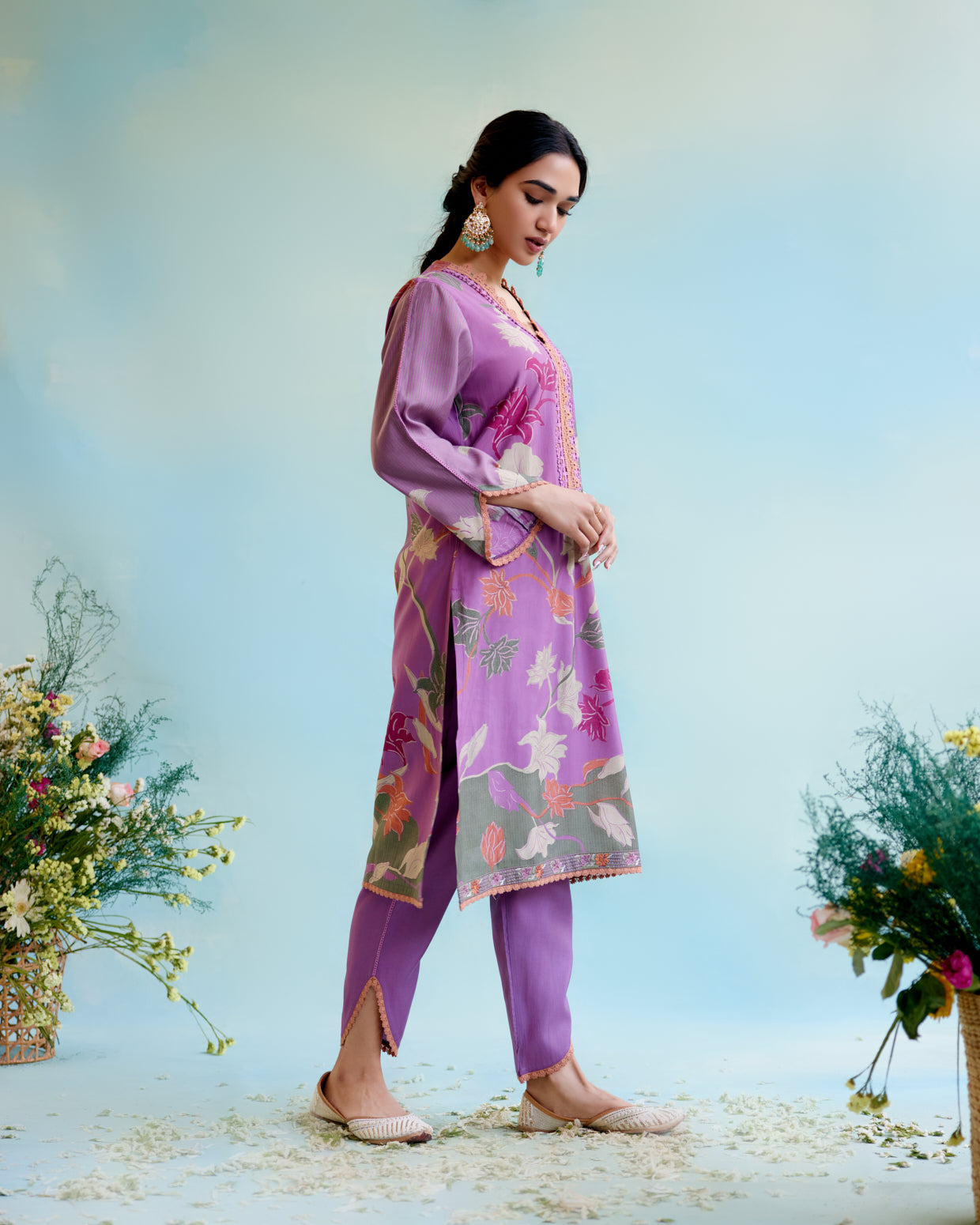 Violet Vale Printer Kurta with delicate lace detailing with Tulip Pants and Dupatta