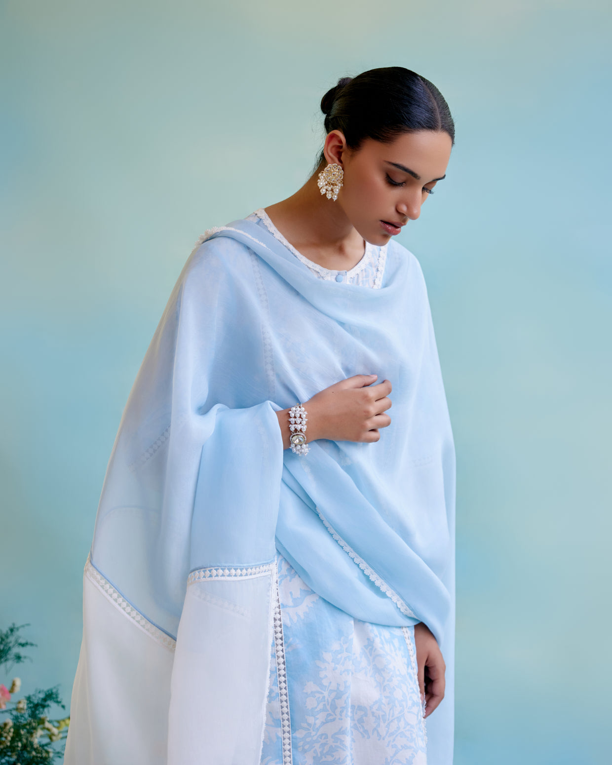 Blue Lily Organza Dupatta with lace detailing