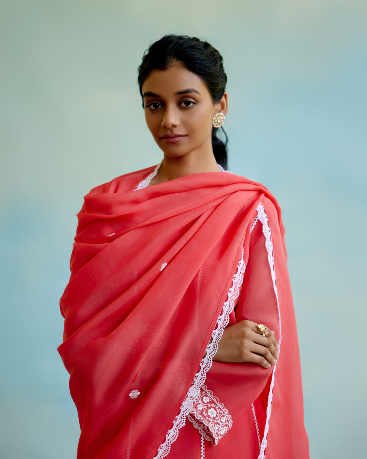 Coral Rose Organza Dupatta with lace detailing