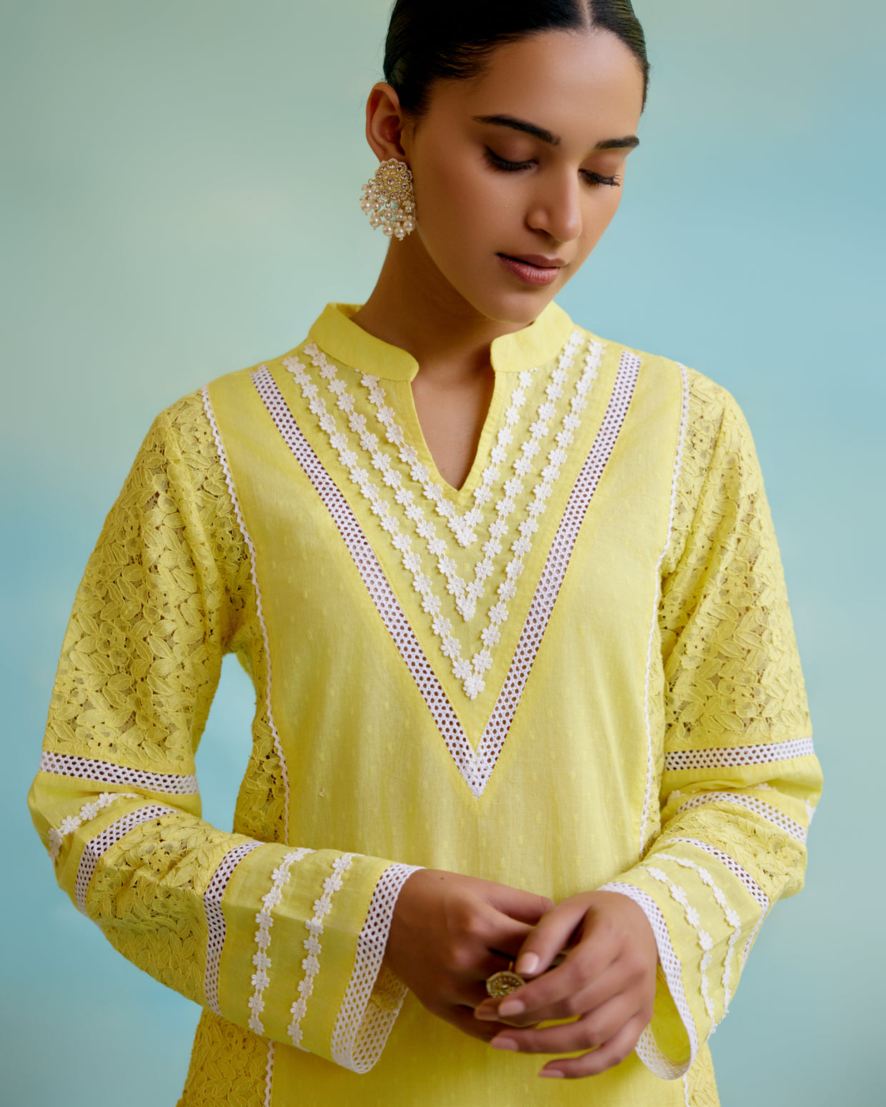 Daylily Kurta in Cotton Dobby and Schiffli fabric with Delicate Lace Detaling with Narrow Pants