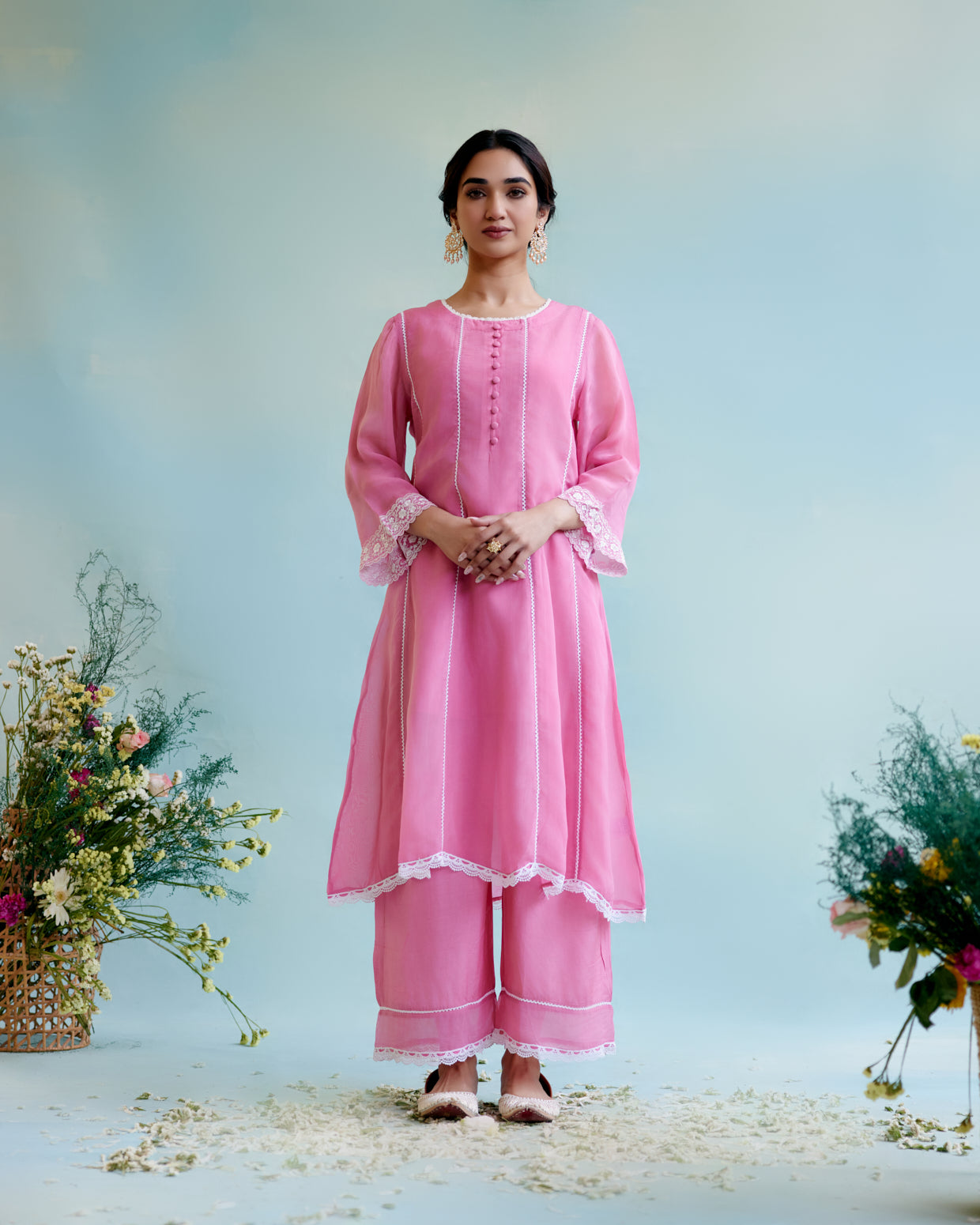 Blush Pink Organza Anarkali Kurta with Lace Detailing and Floral Embroidery