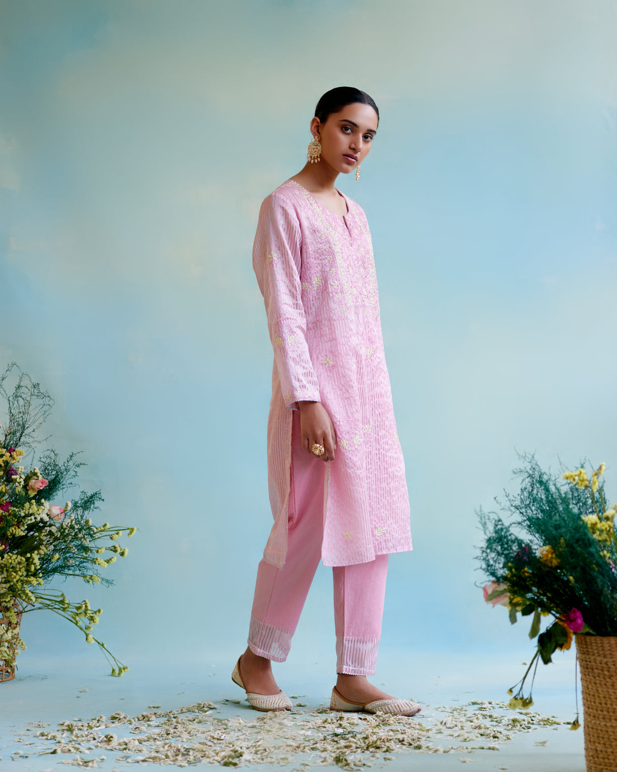 Pink Rose Crushed Stripe Tissue Kurta with Narrow Pants