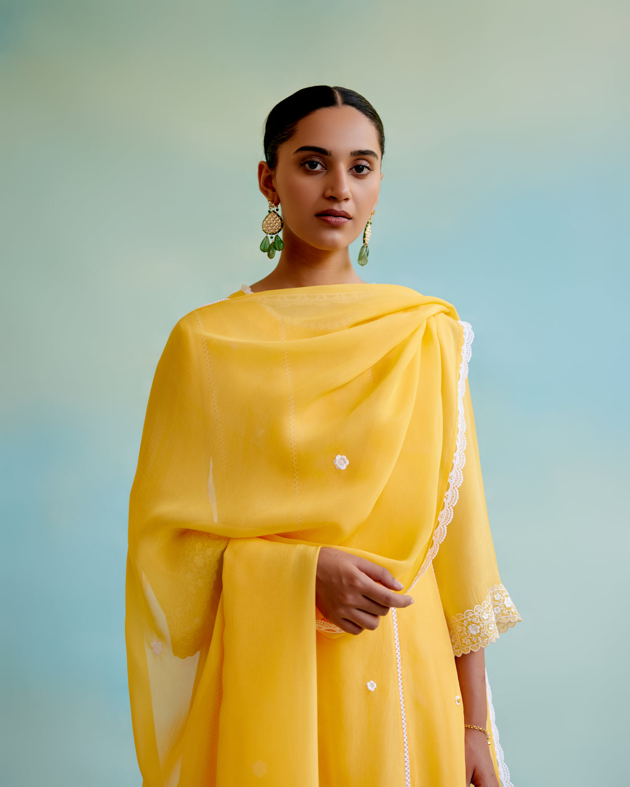 Misty Yellow Organza Dupatta with lace detailing