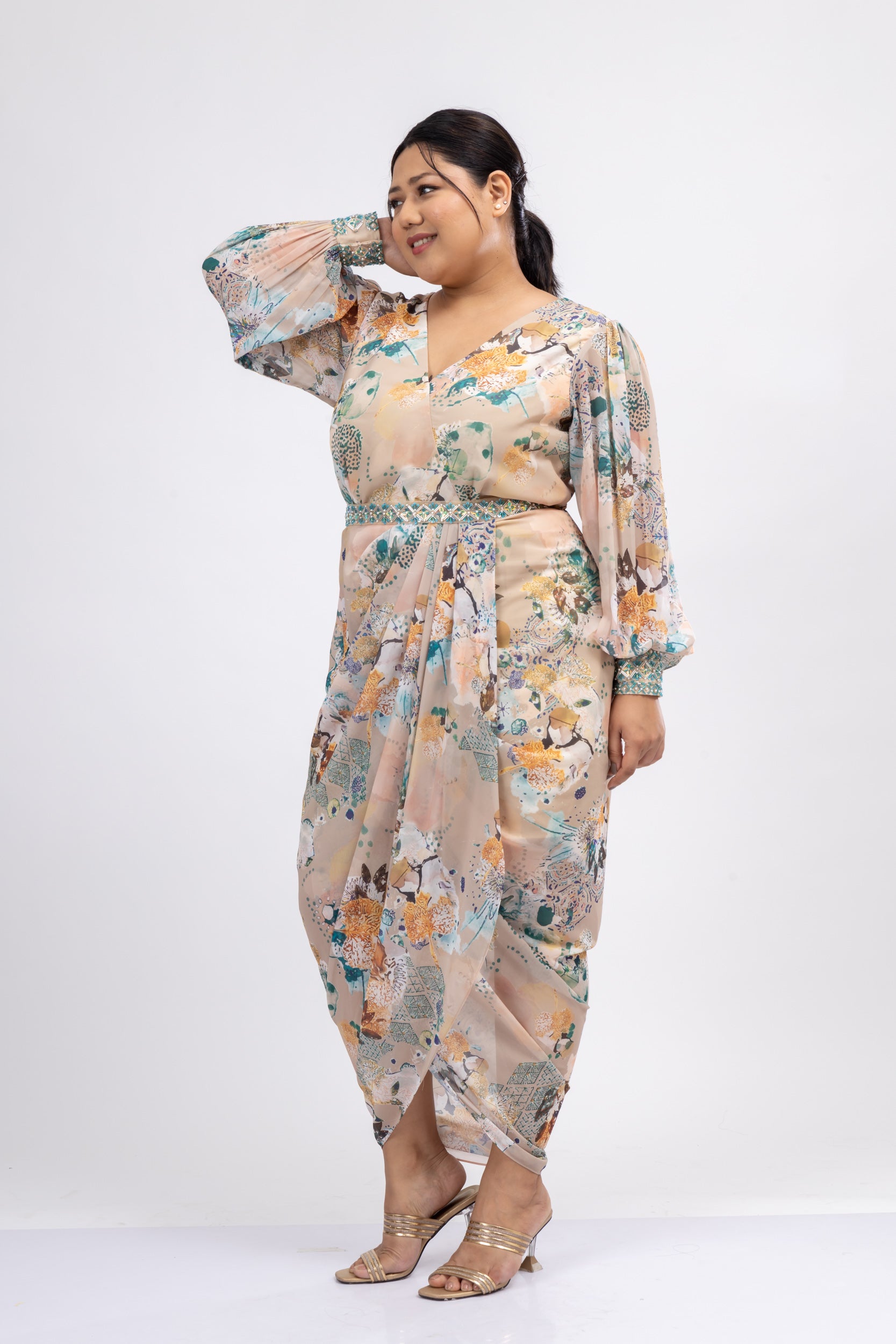 Poplars Printed Drape Dress with Belt