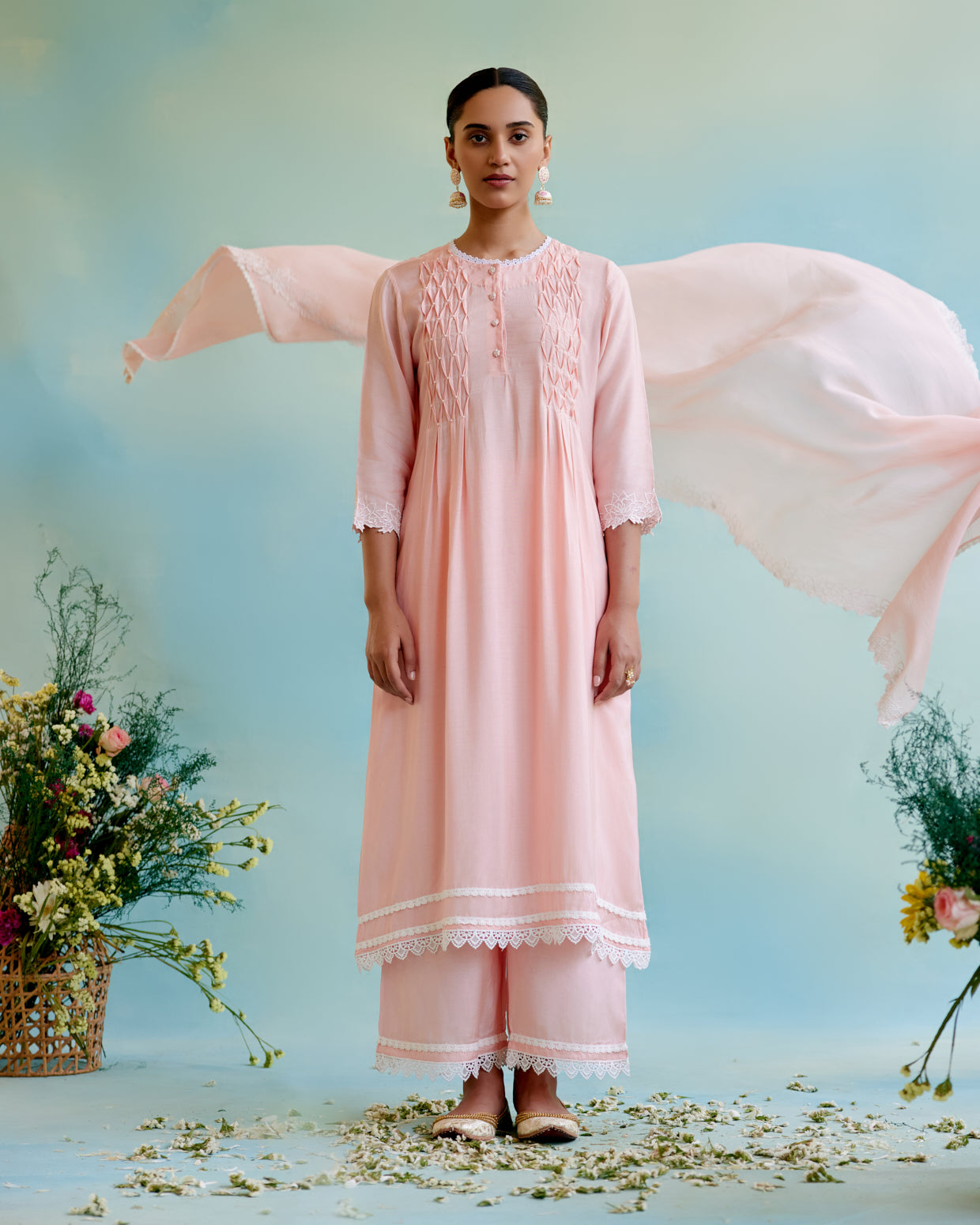 Blossom Pearl Kurta in Silky Modal with Beaded Smocking and Delicate Lace Detaling