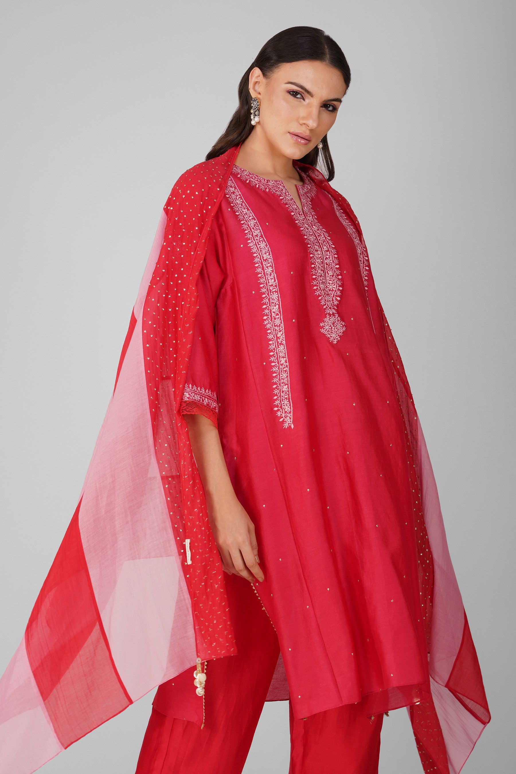 Flower Border Kalidar Kurta Set-Red