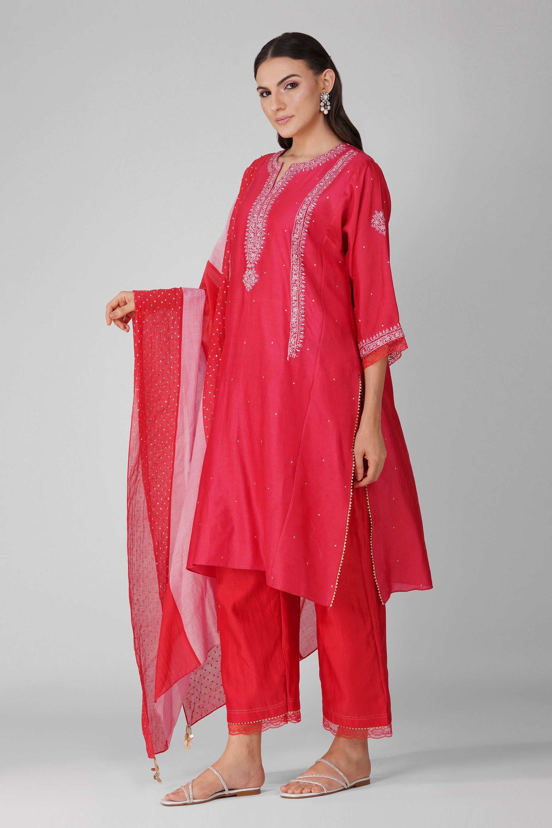 Flower Border Kalidar Kurta Set-Red