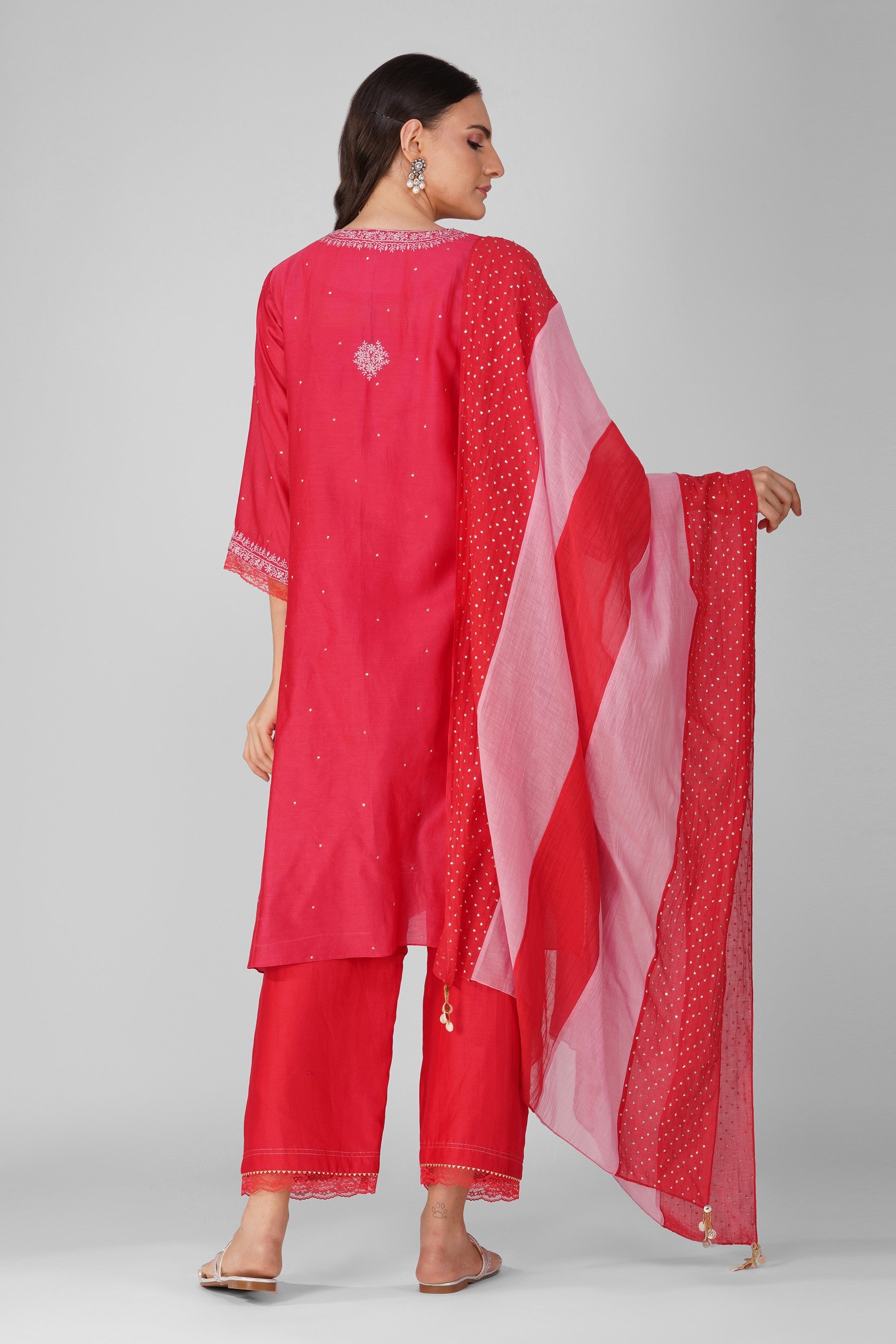 Flower Border Kalidar Kurta Set-Red