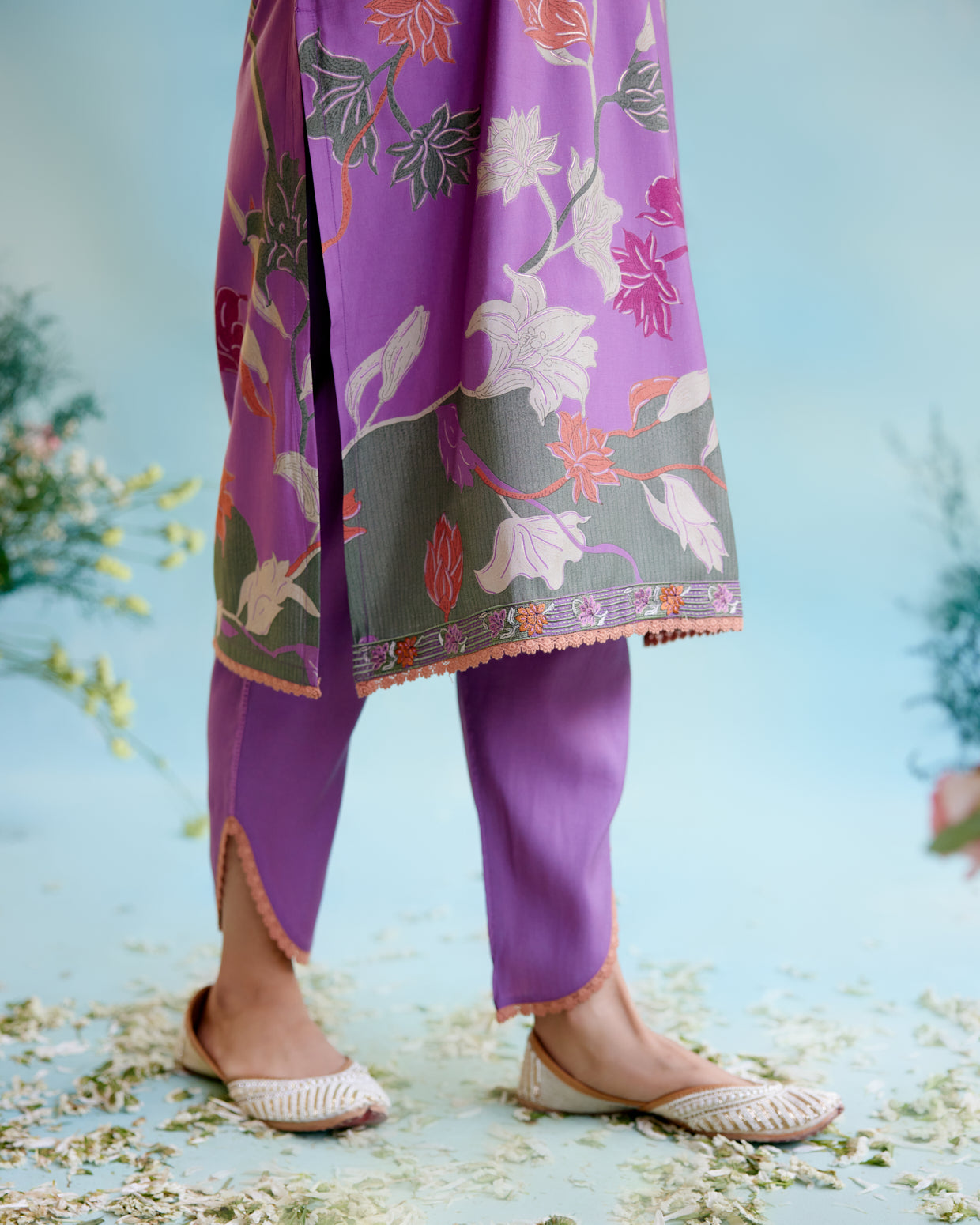 Violet Vale Printer Kurta with delicate lace detailing with Tulip Pants and Dupatta