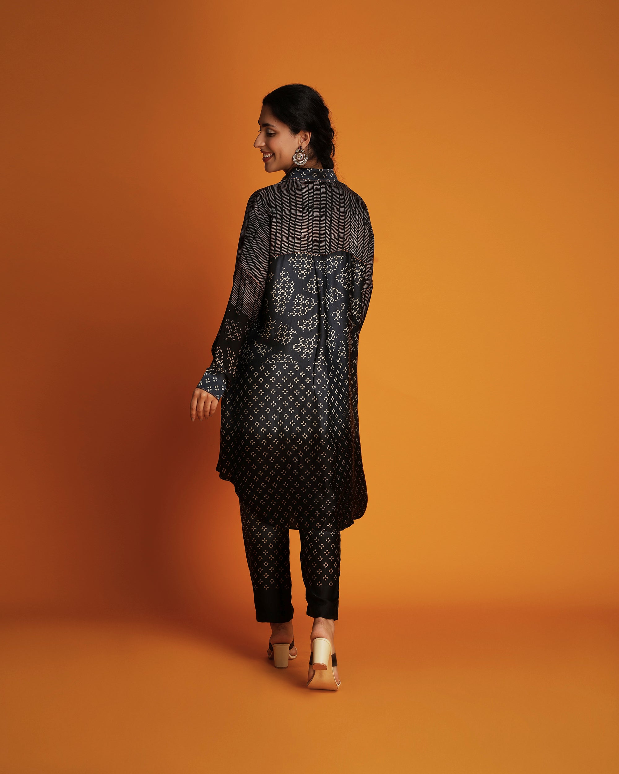 Black ombre block printed shirt tunic set