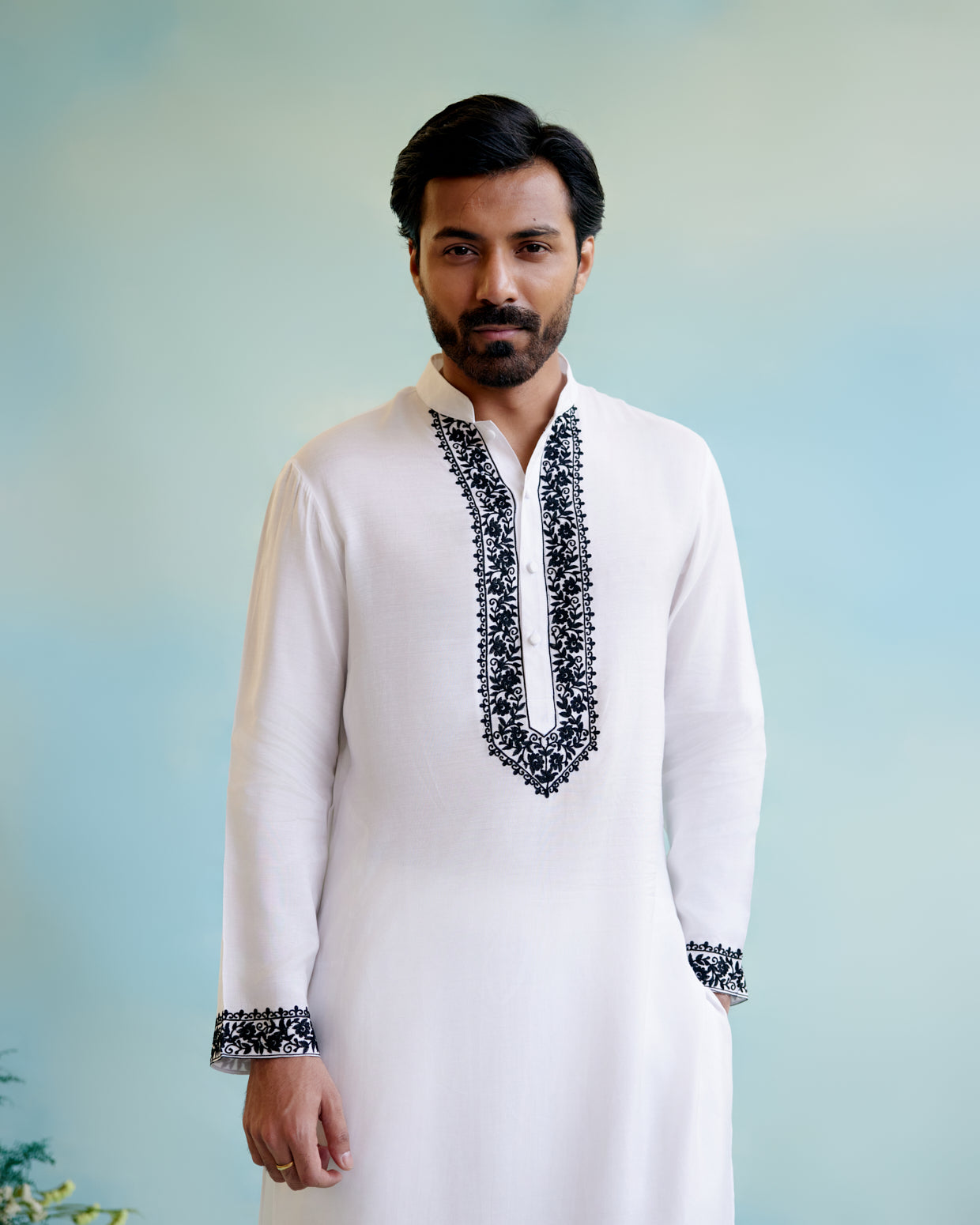 White Muslin Embroidered Kurta with Pure Cotton Narrow Pants