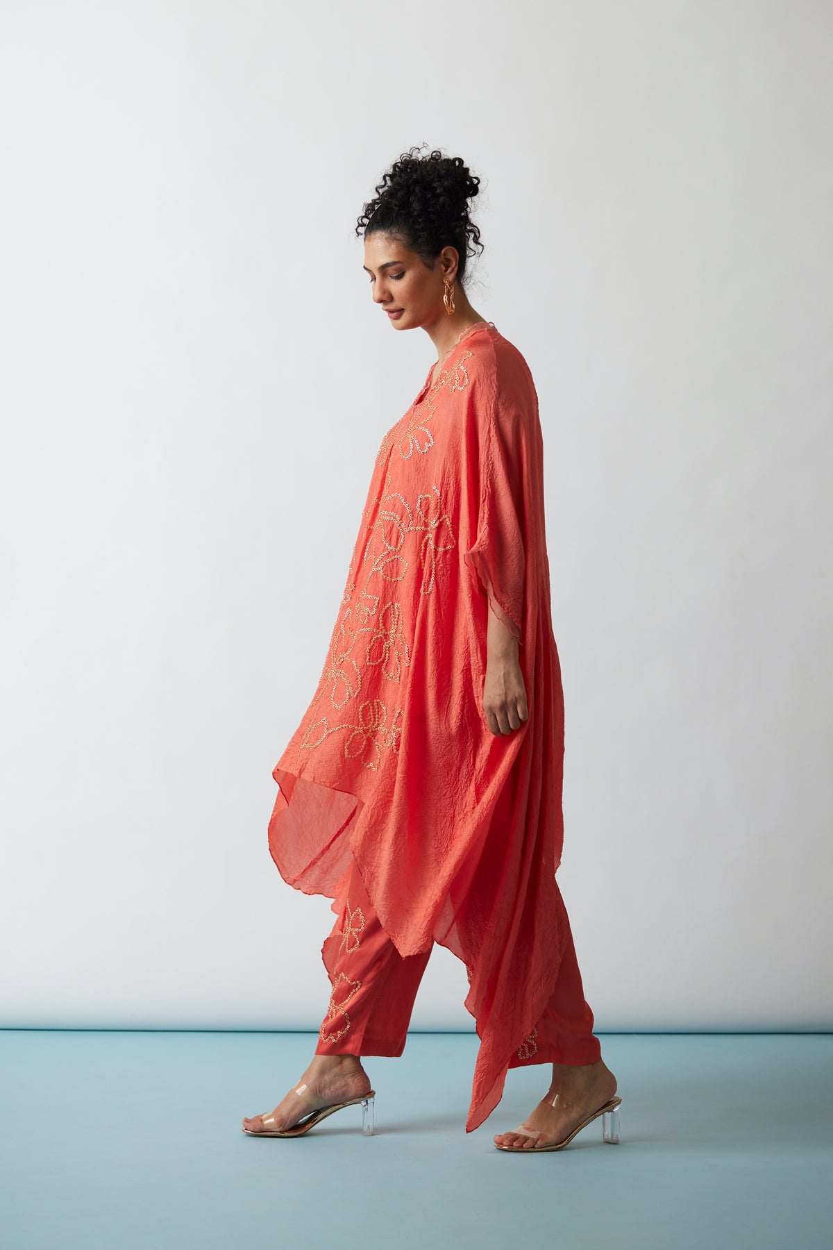 Coral Crushed silk Kaftan set