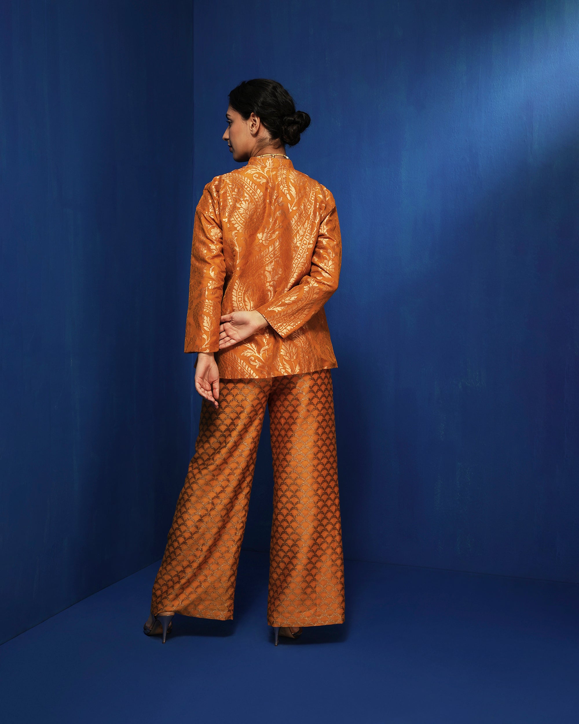 Mustard brocade silk swing jacket