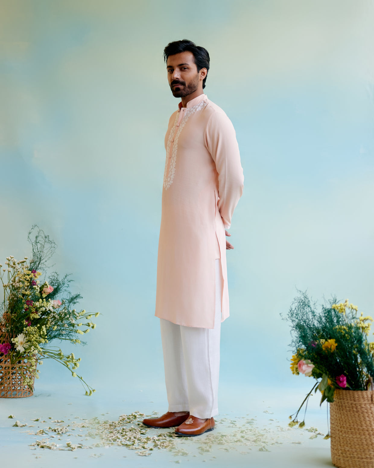 Blush Blossom Linen Georgette Dori Kurta with Pure Cotton Narrow Pants