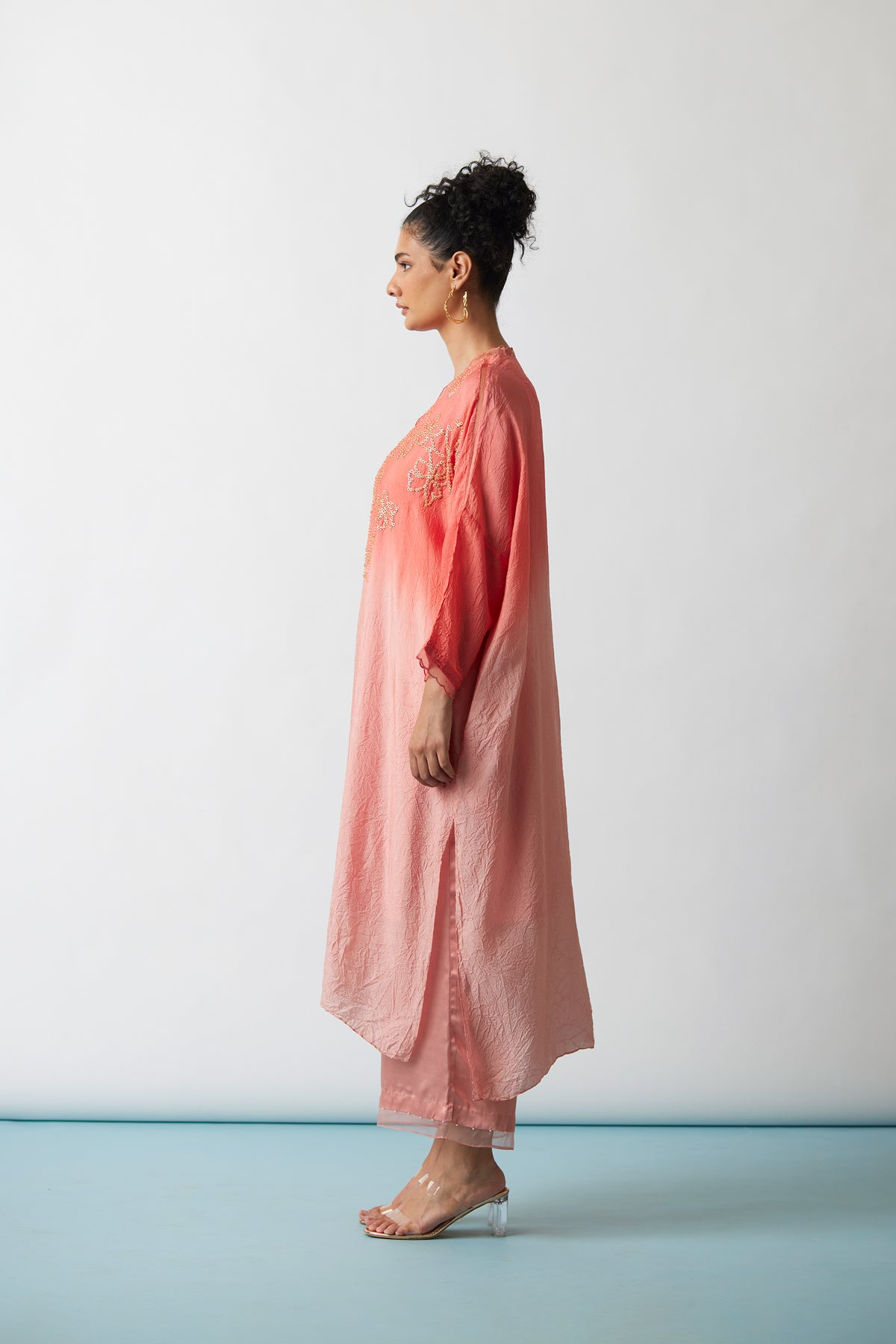 Coral Ombre Crushed silk Kaftan set