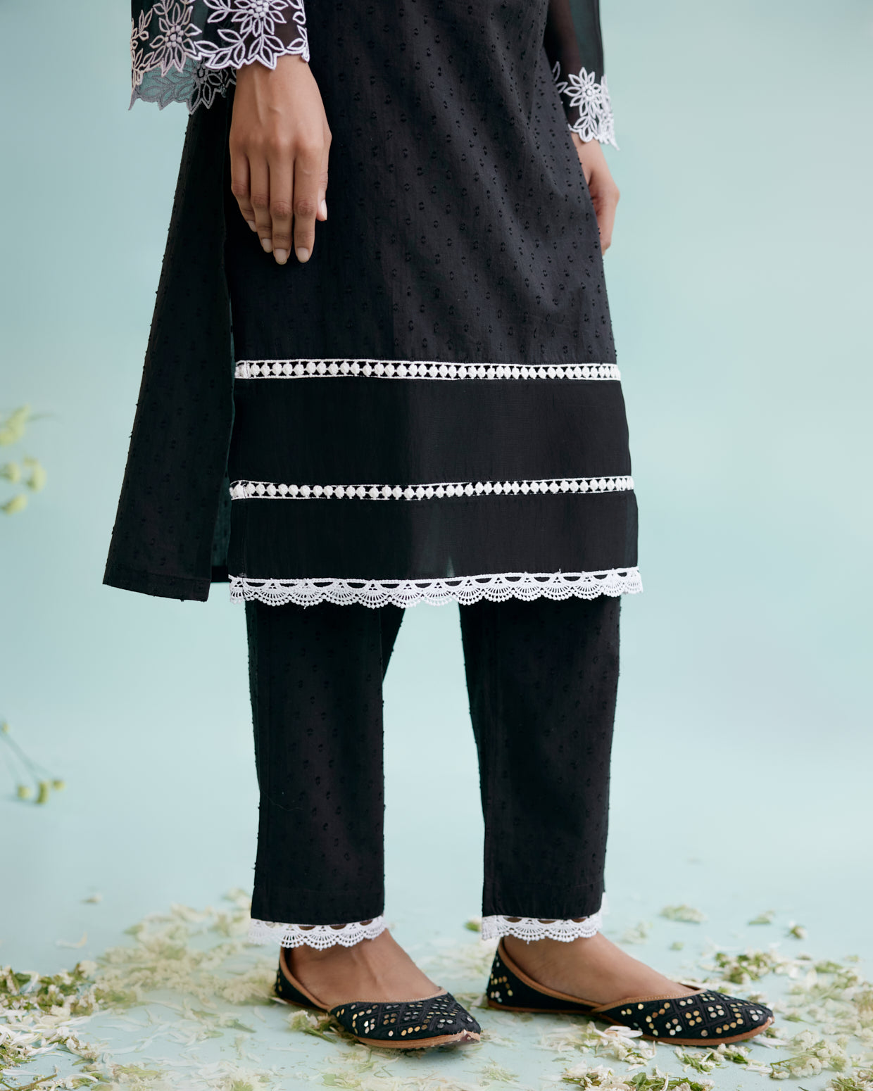 Black Lily Kurta in Cotton Dobby Fabric with Narrow Pants