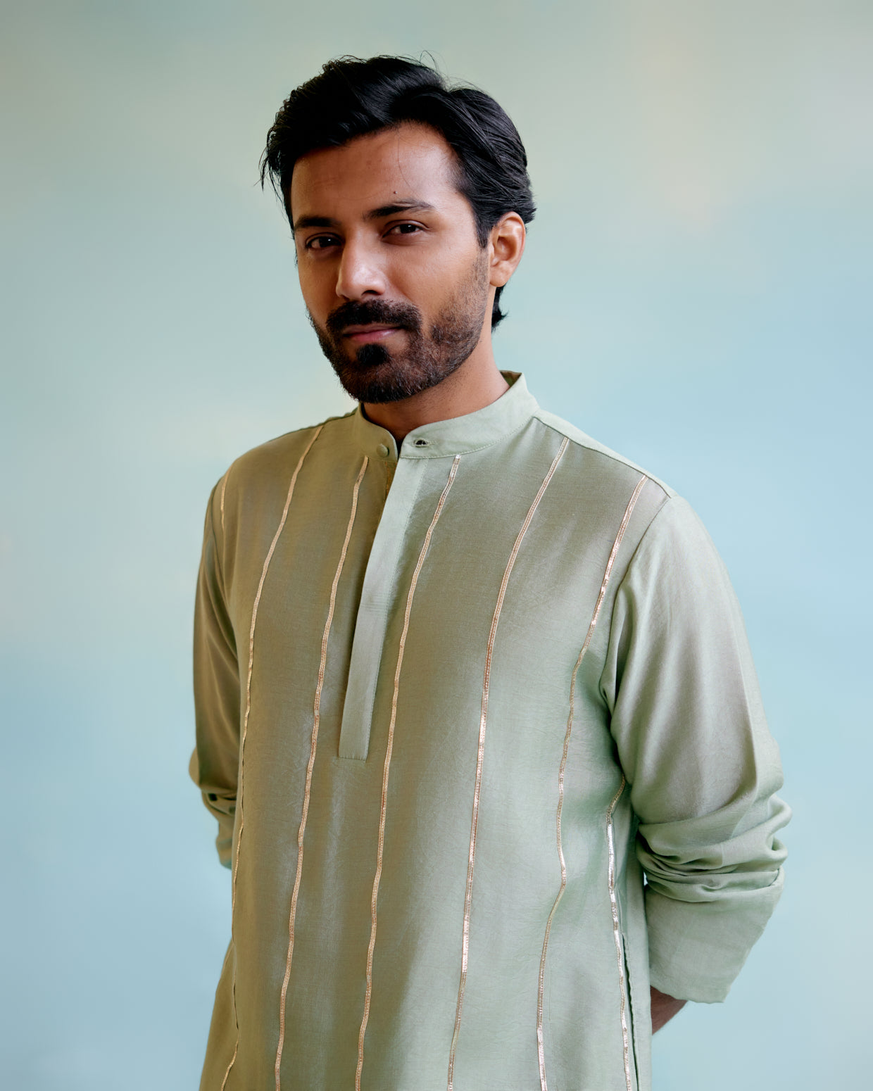 Sage Green Chanderi Gota Kurta with Crushed Stripe Tissue Narrow Pants