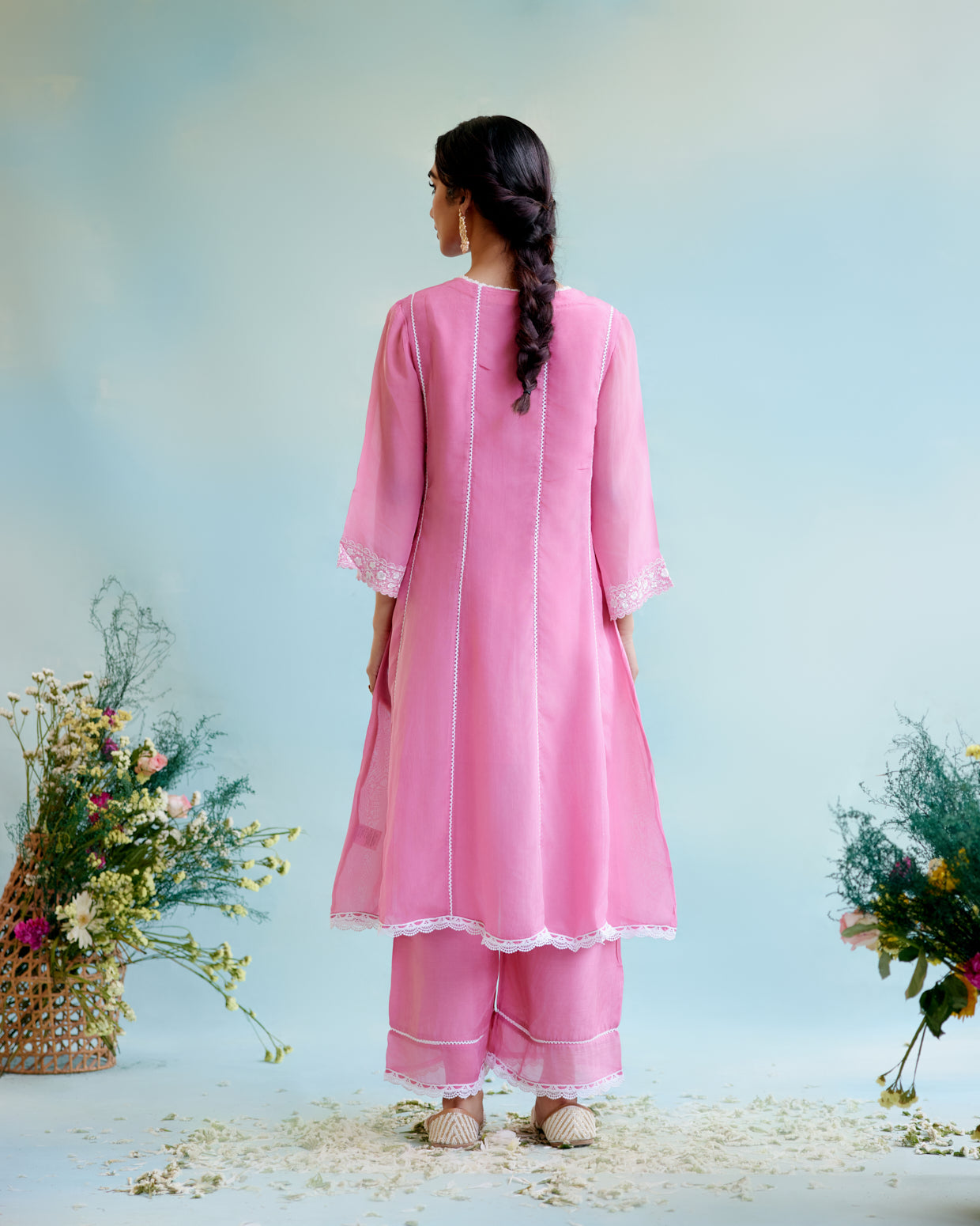 Blush Pink Organza Anarkali Kurta with Lace Detailing and Floral Embroidery