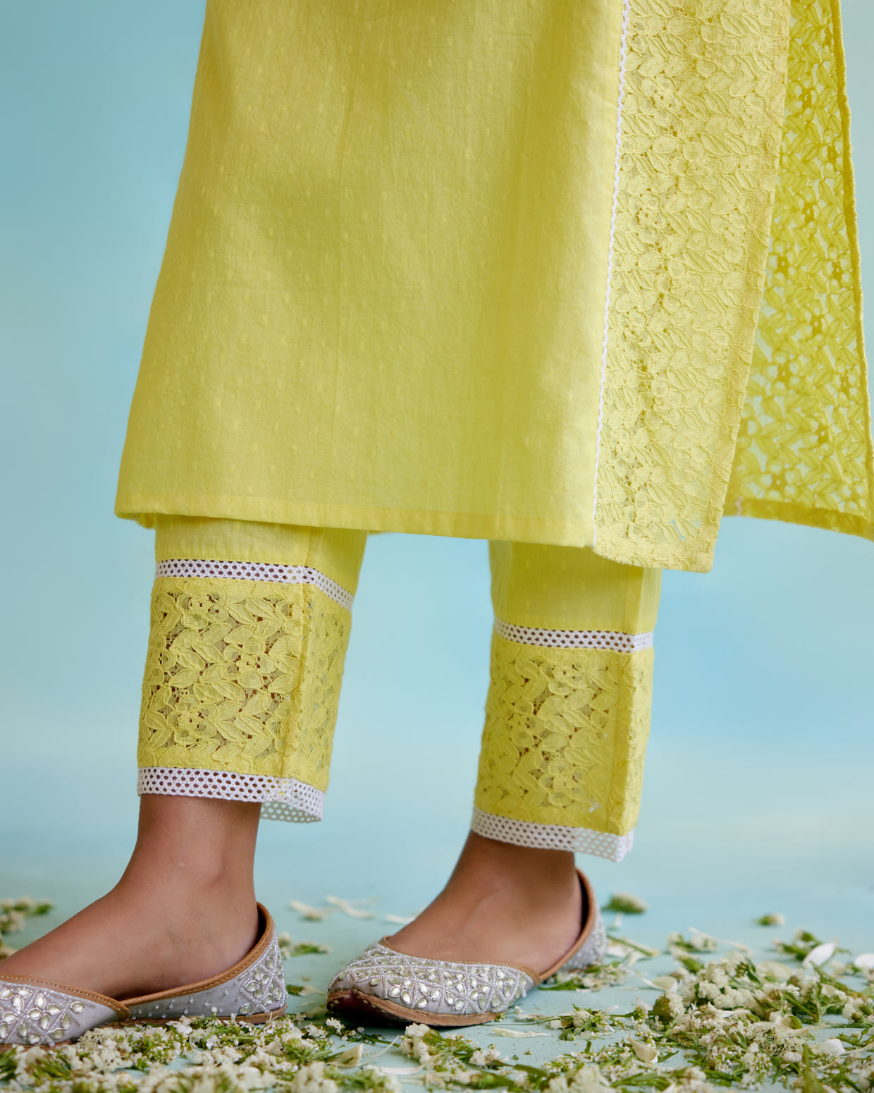 Daylily Kurta in Cotton Dobby and Schiffli fabric with Delicate Lace Detaling with Narrow Pants