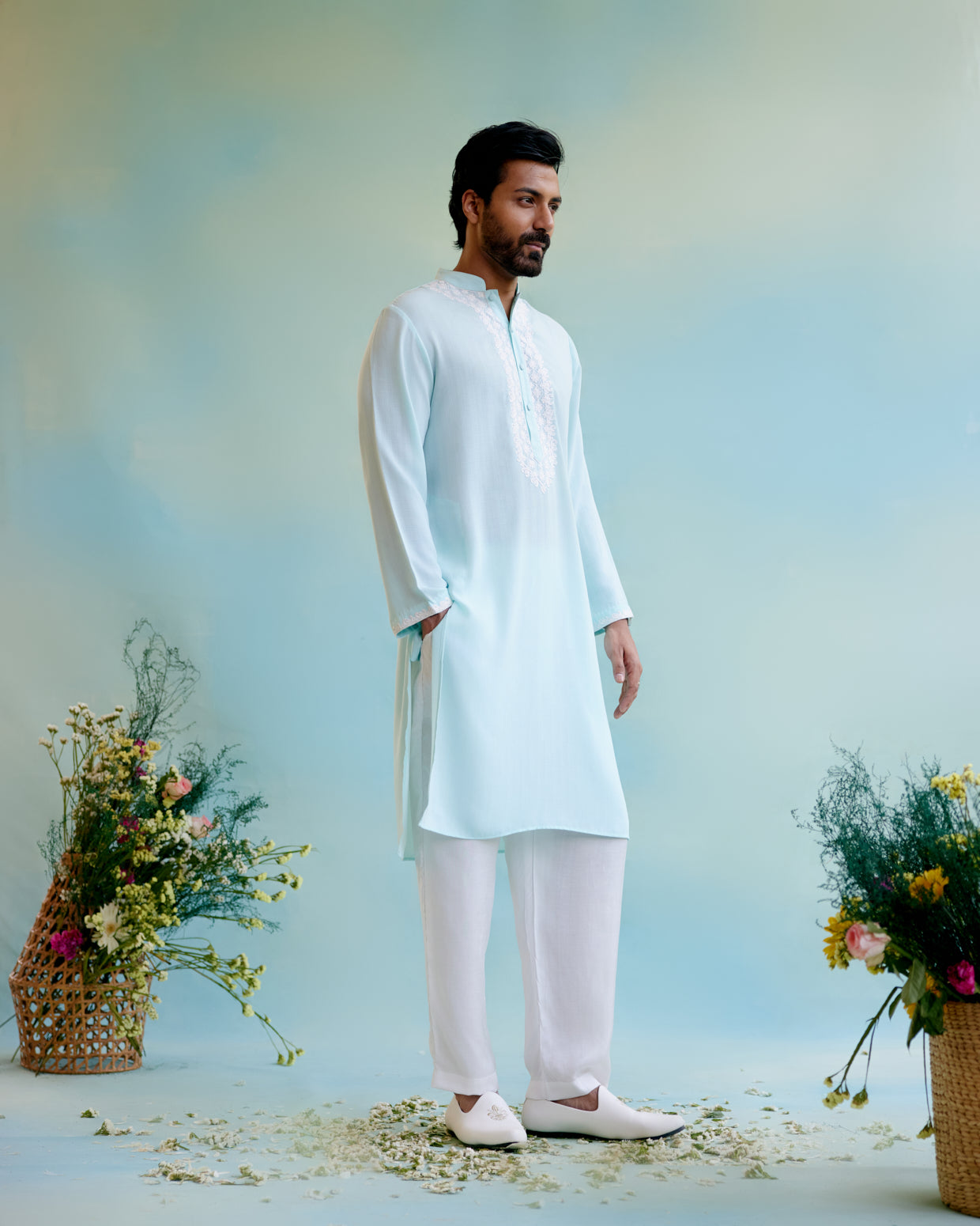 Dreamy Blue Linen Georgette Dori Kurta with Pure Cotton Narrow Pants