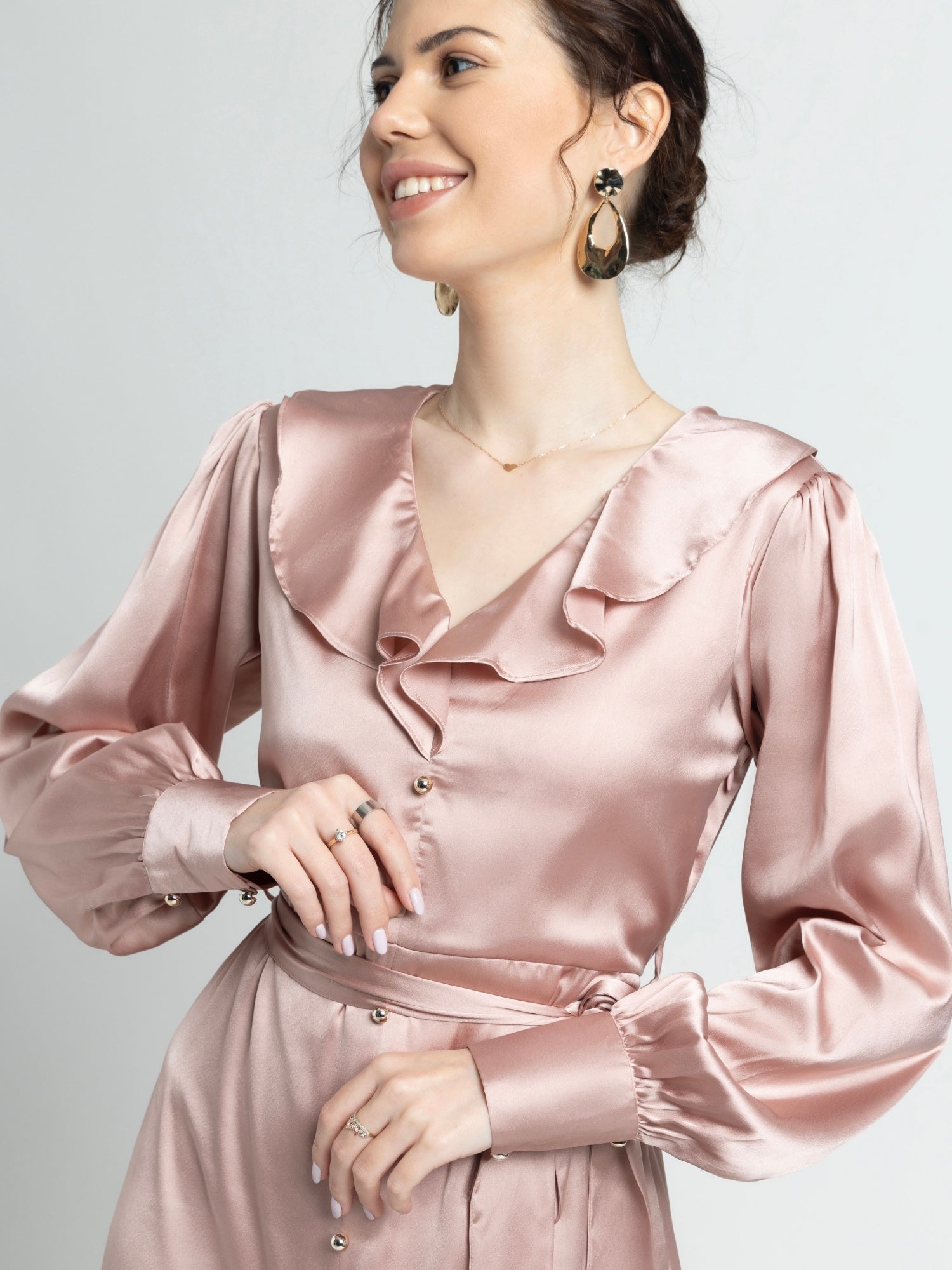Rose Gold Ruffle V Midi Dress