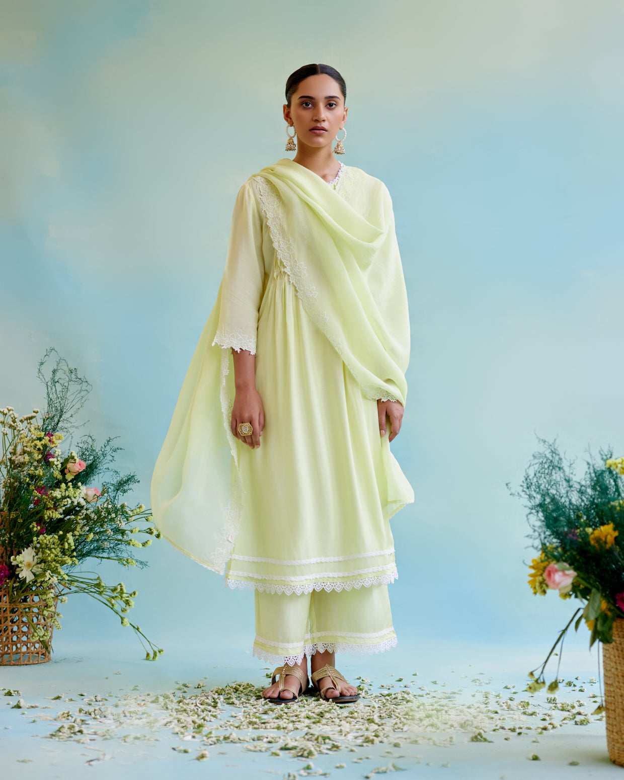 Sunny Lime Pearl Kurta in Silky Modal with Delicate Lace Detaling