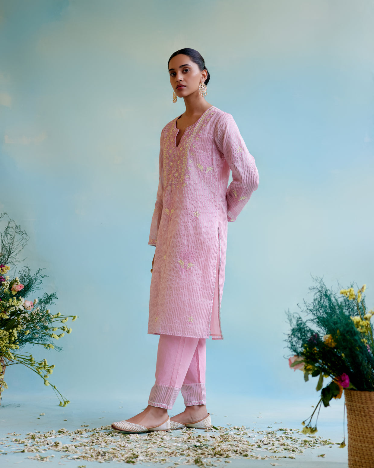 Pink Rose Crushed Stripe Tissue Kurta with Narrow Pants