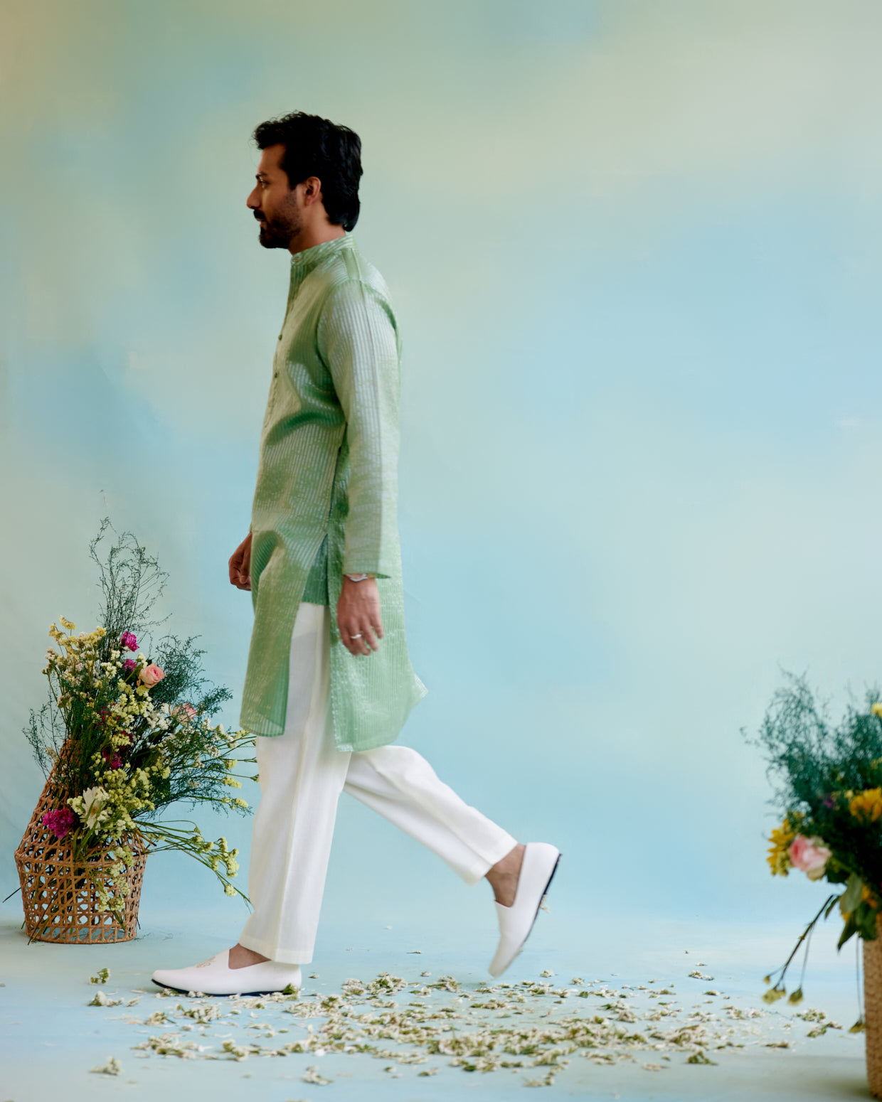 Mint Meadow Crushed Stripe Tissue Kurta with Pure Cotton Narrow Pants