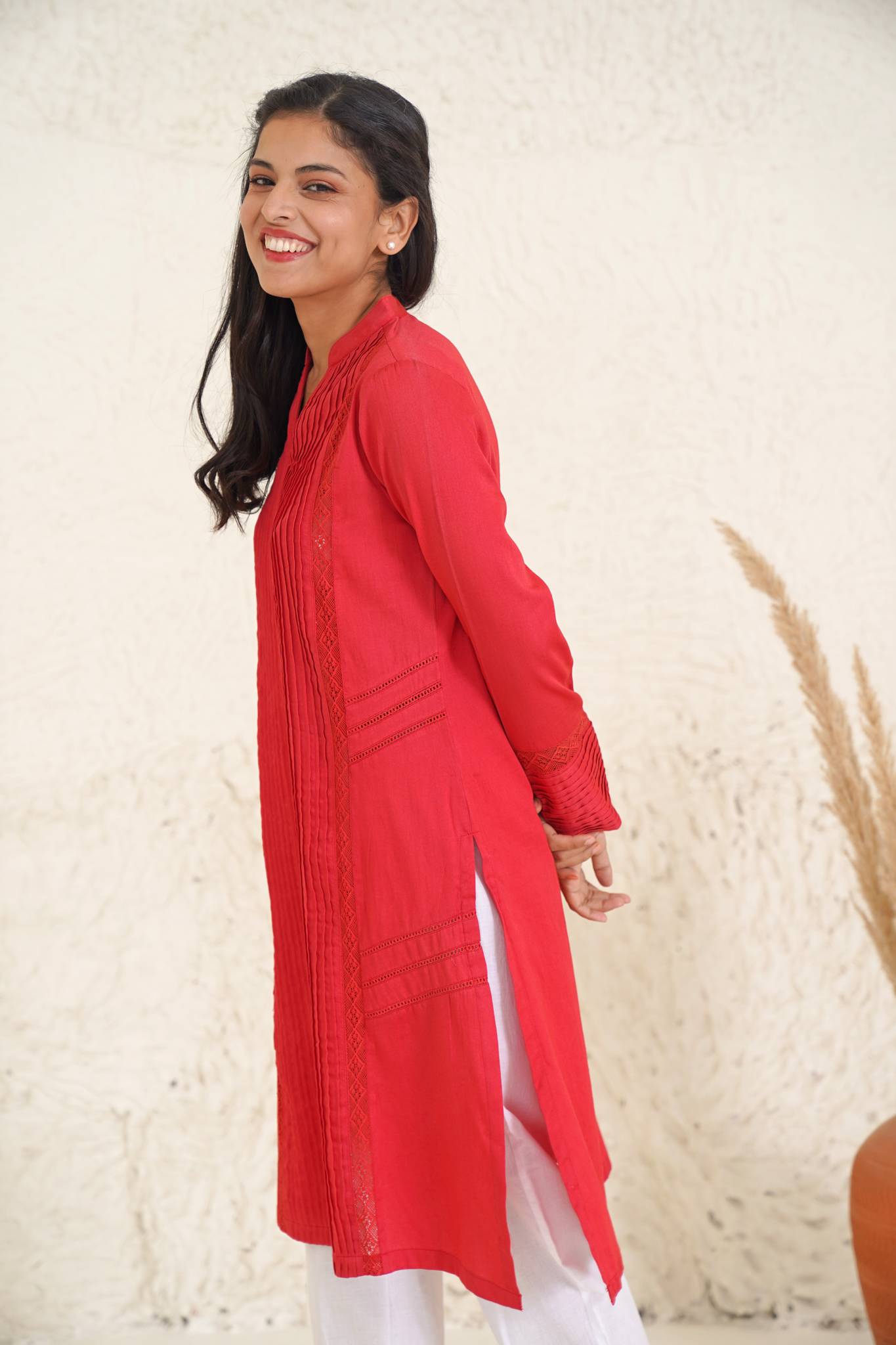 Poppy Red Kurta with Narrow Pants- Set of 2