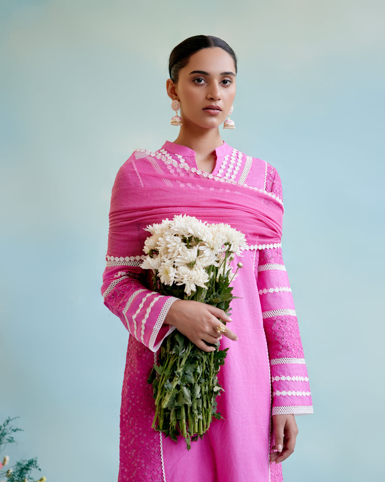 Neon Pink Satka Net Dupatta with lace detailing