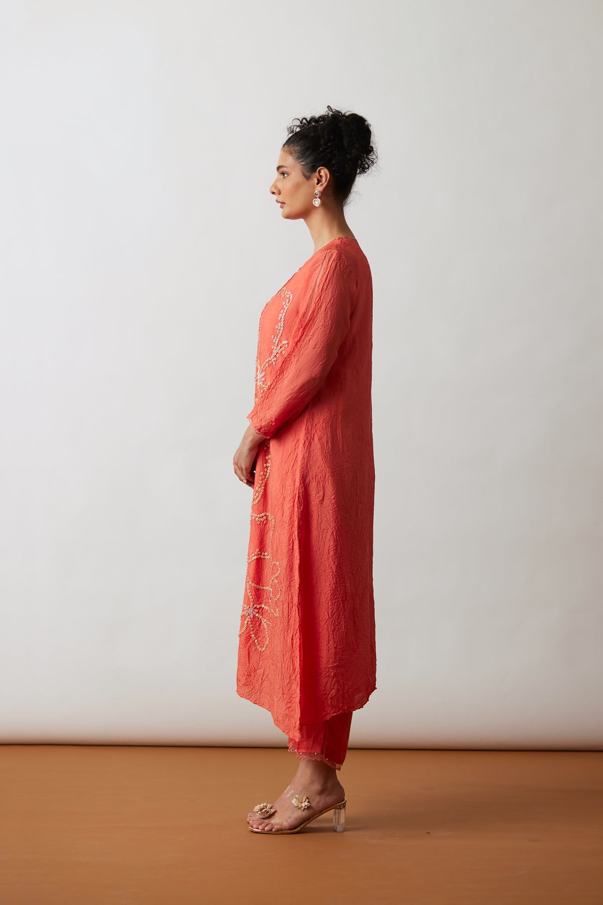 Coral ombre Crushed silk kurta set