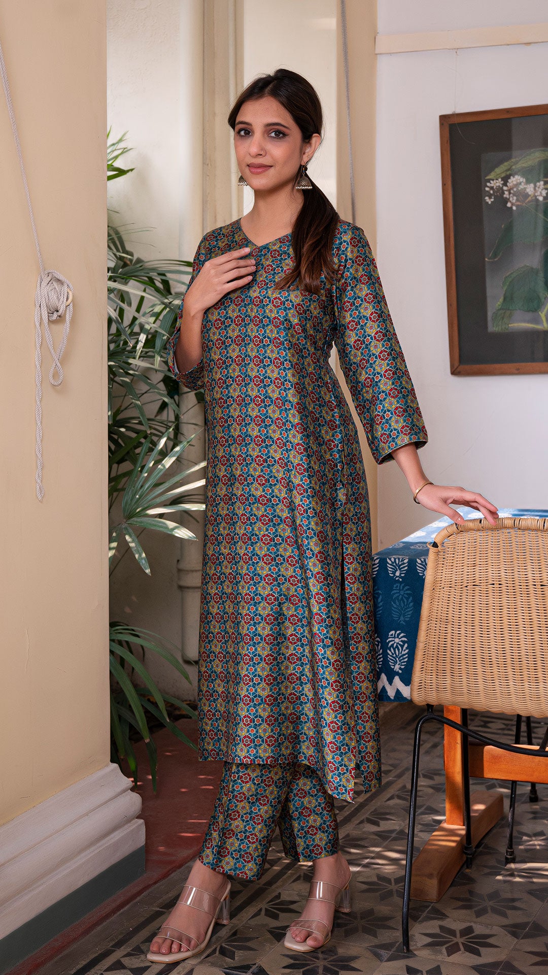 BARKHA SILK STRAIGHT KURTA + PANTS IN MULTI COLOUR AJRAKH PRINT