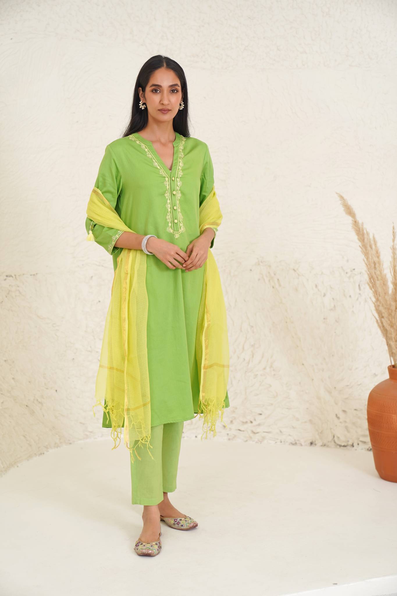 Fresh Foliage Kurta with Narrow Pants- Set of 2