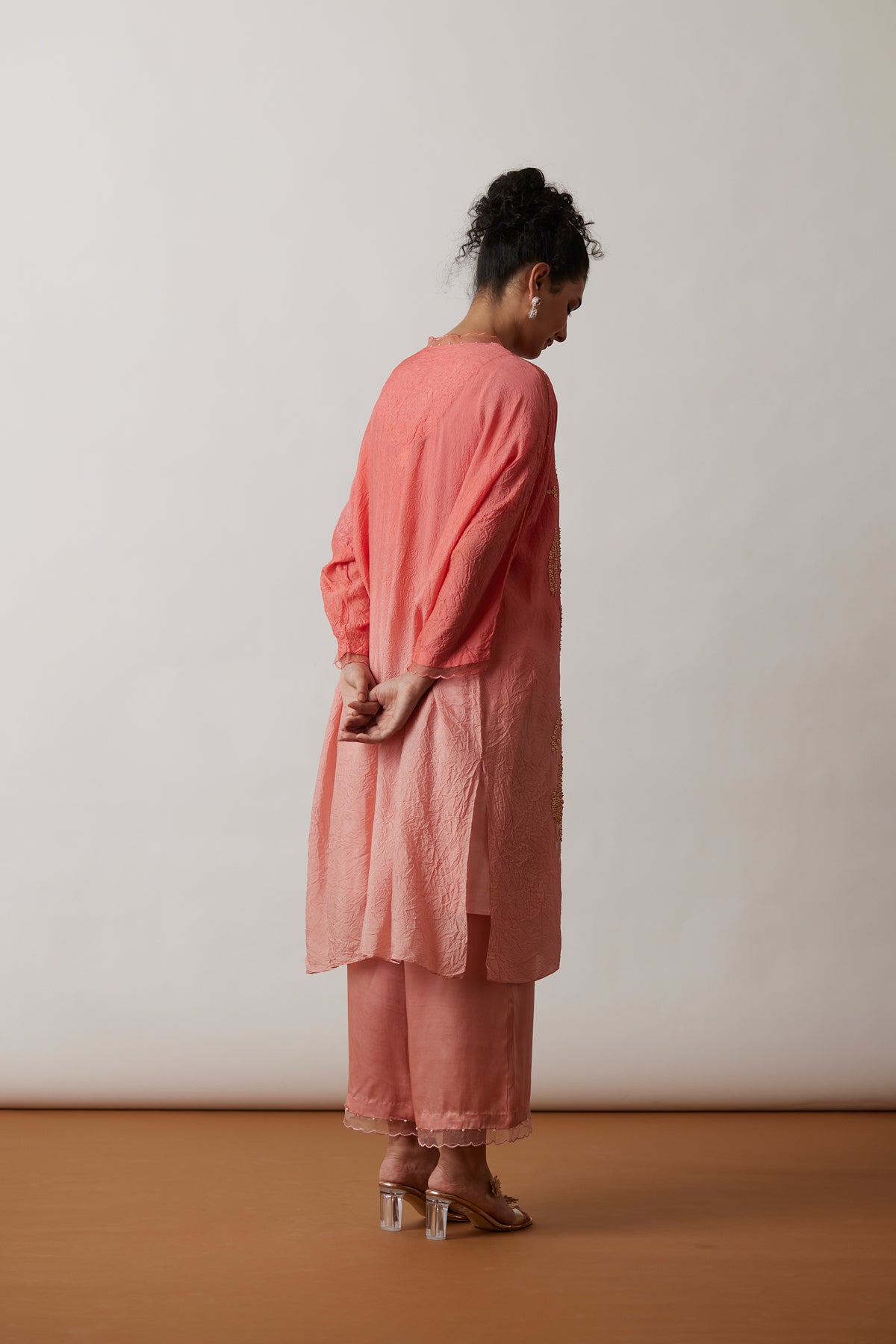 Coral Crushed silk Kaftan set